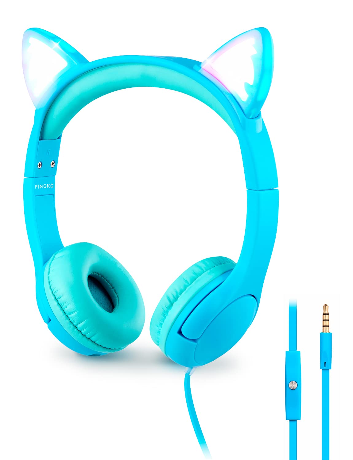 PINGKO Kids Headphones with Microphone - Cat Ear LED Light Headphones for Girls & Boys, 85dB Volume Limiting, 3.5mm Jack Stereo Earphones for iPad, School, Travel, Music Sharing - Perfect for Learning, Gaming & Entertainment (Blue)