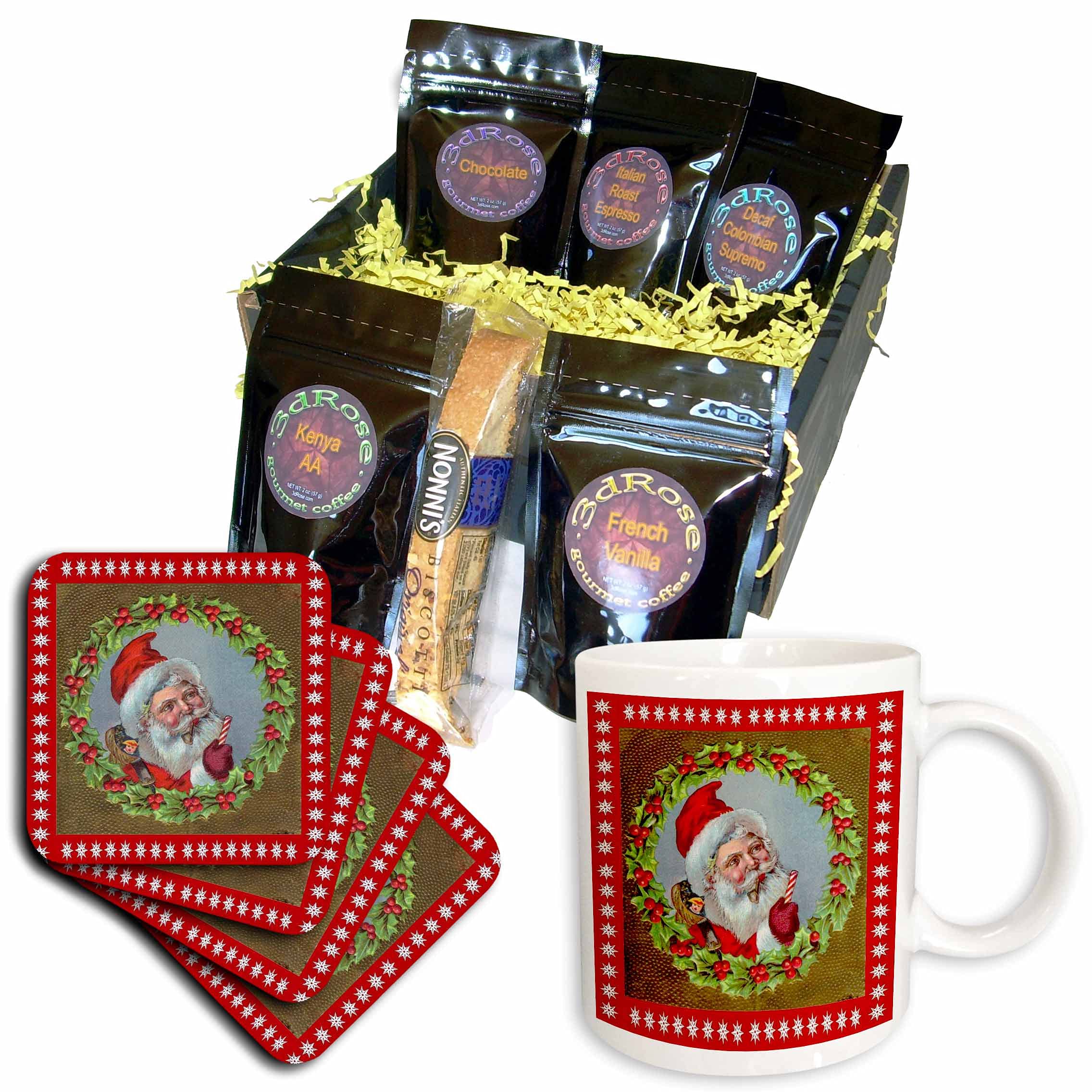 Vintage Santa in Wreath Cameo Coffee Gift Basket - Christmas Holiday Decor, Unique 3D Rose Multicolor Ceramic Mug Set for Home, Office & Gift Giving