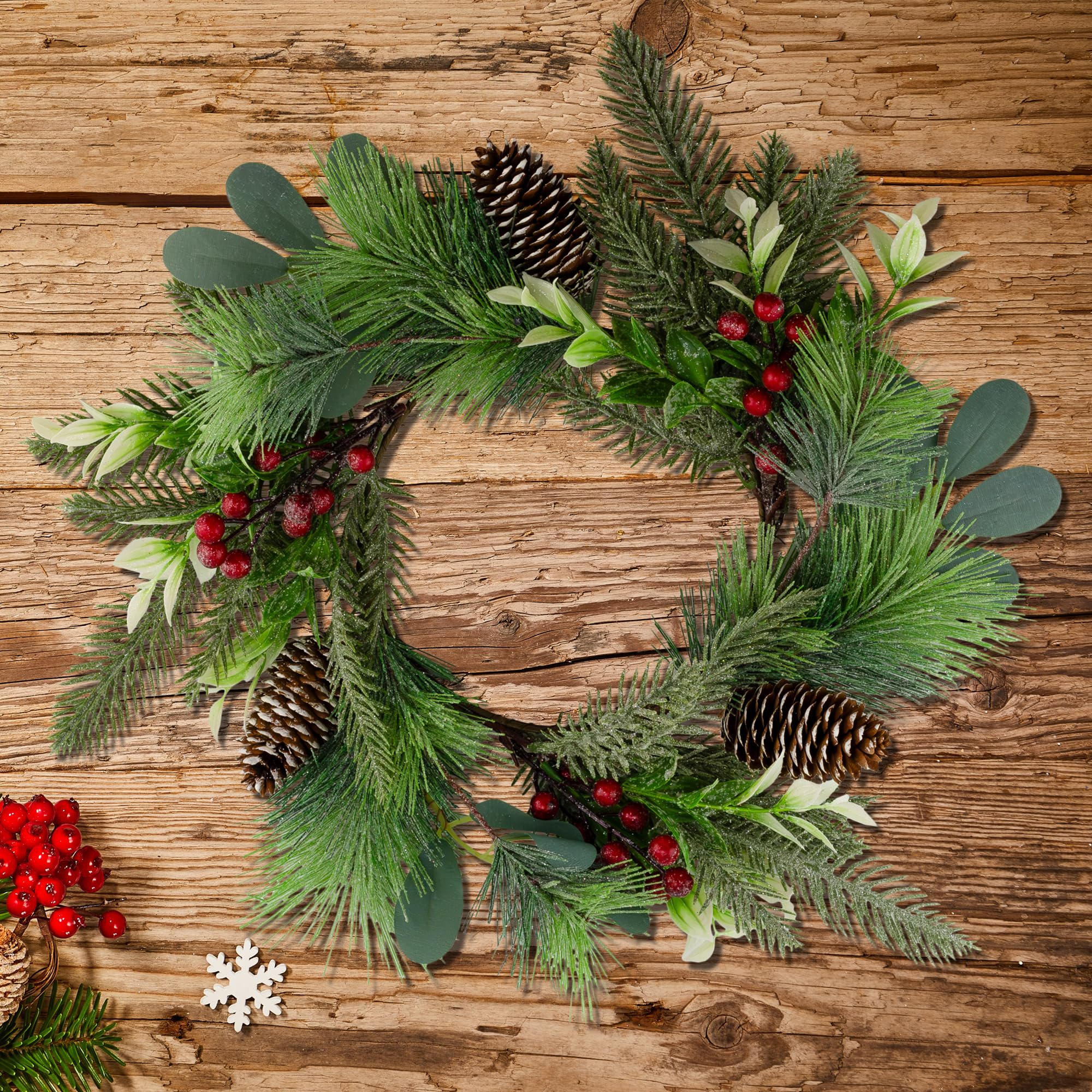 AuldHome Christmas Greenery Candle Wreaths (2-Pack, Evergreen) - Holiday Winter Decorations, Wedding Centerpiece Candle Rings for Fireplace, Table & Door Decor
