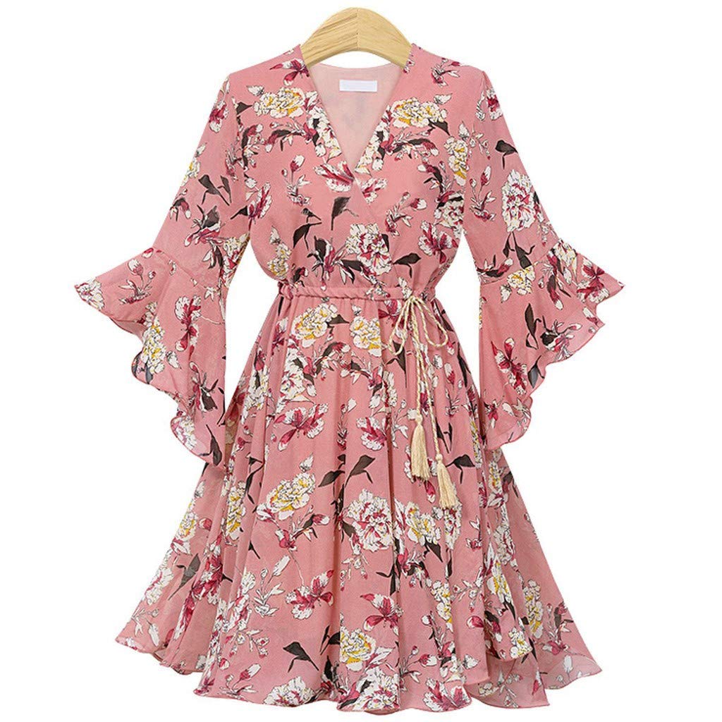 Women's Floral V-Neck Mini Dress with Embroidered Belt - Casual Short Sleeve Summer Dress for Beach, Party & Date Night (Pink)