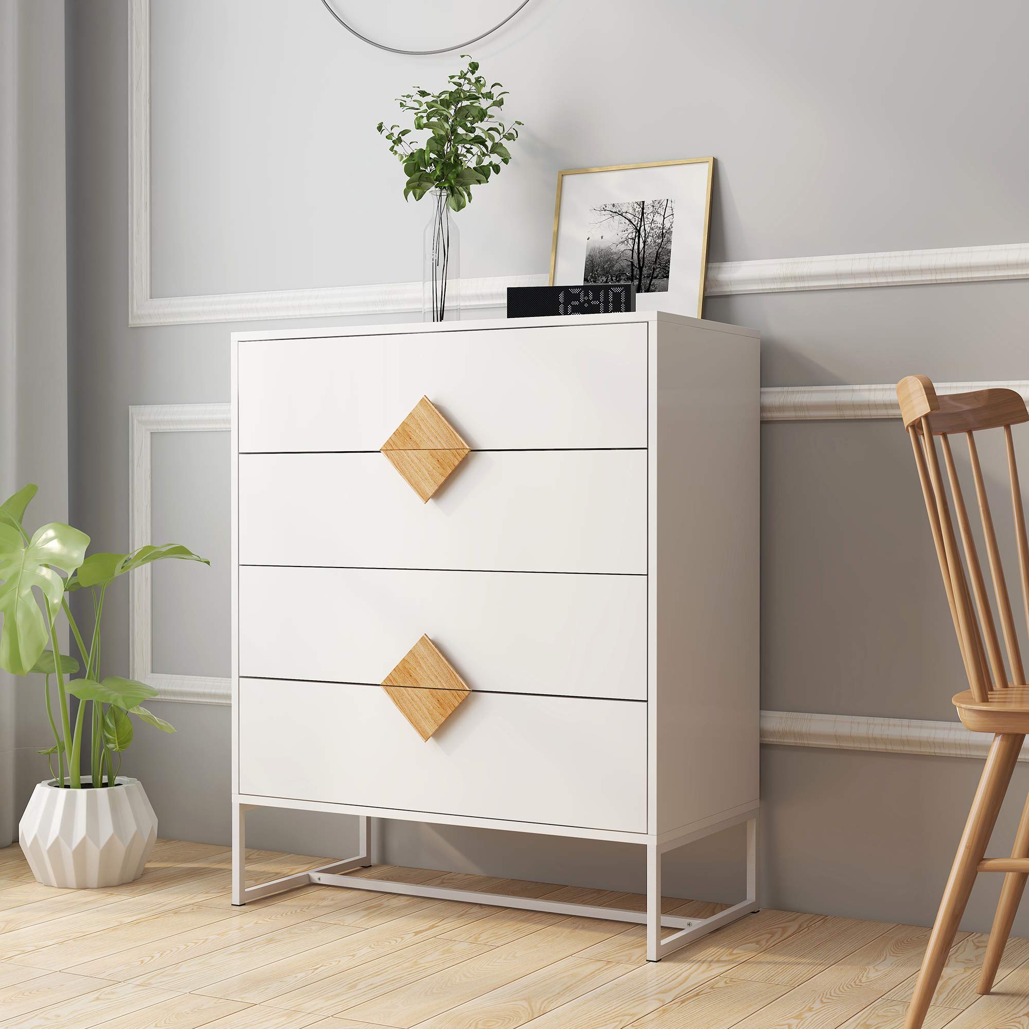 Modern White 4-Drawer Dresser with Solid Wood Frame - Wide Storage Chest of Drawers for Bedroom, Living Room & Entryway | Functional Clothes Organizer for Closet & Hallway | Space-Saving Home Furniture Solution