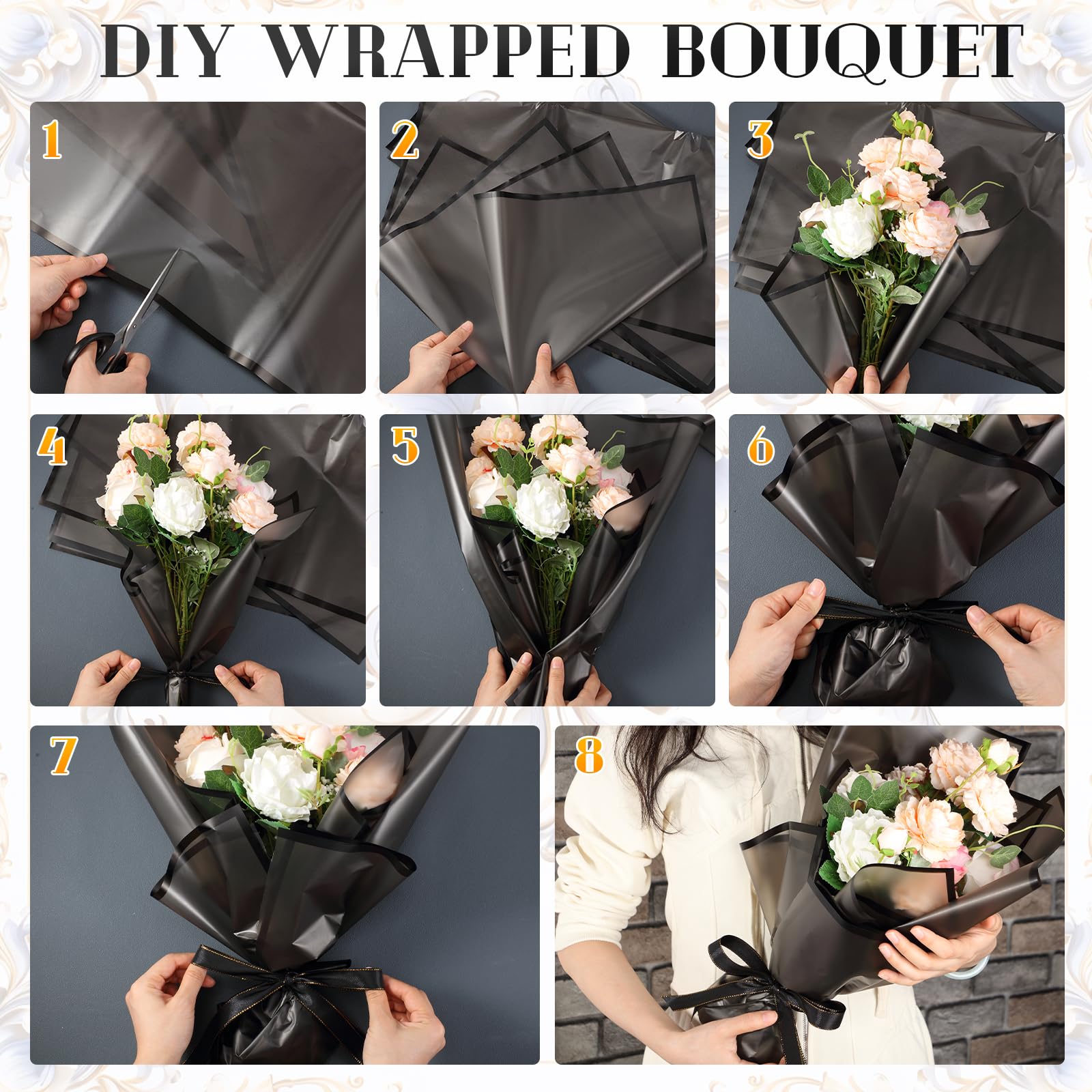 Tenare 36-Piece Waterproof Floral Wrapping Paper Set with 50-Yard Double-Sided Satin Ribbon - Frosted Bouquet Wrap for Mother's Day, Graduation, Wedding & Party Flower Arrangements (Black)