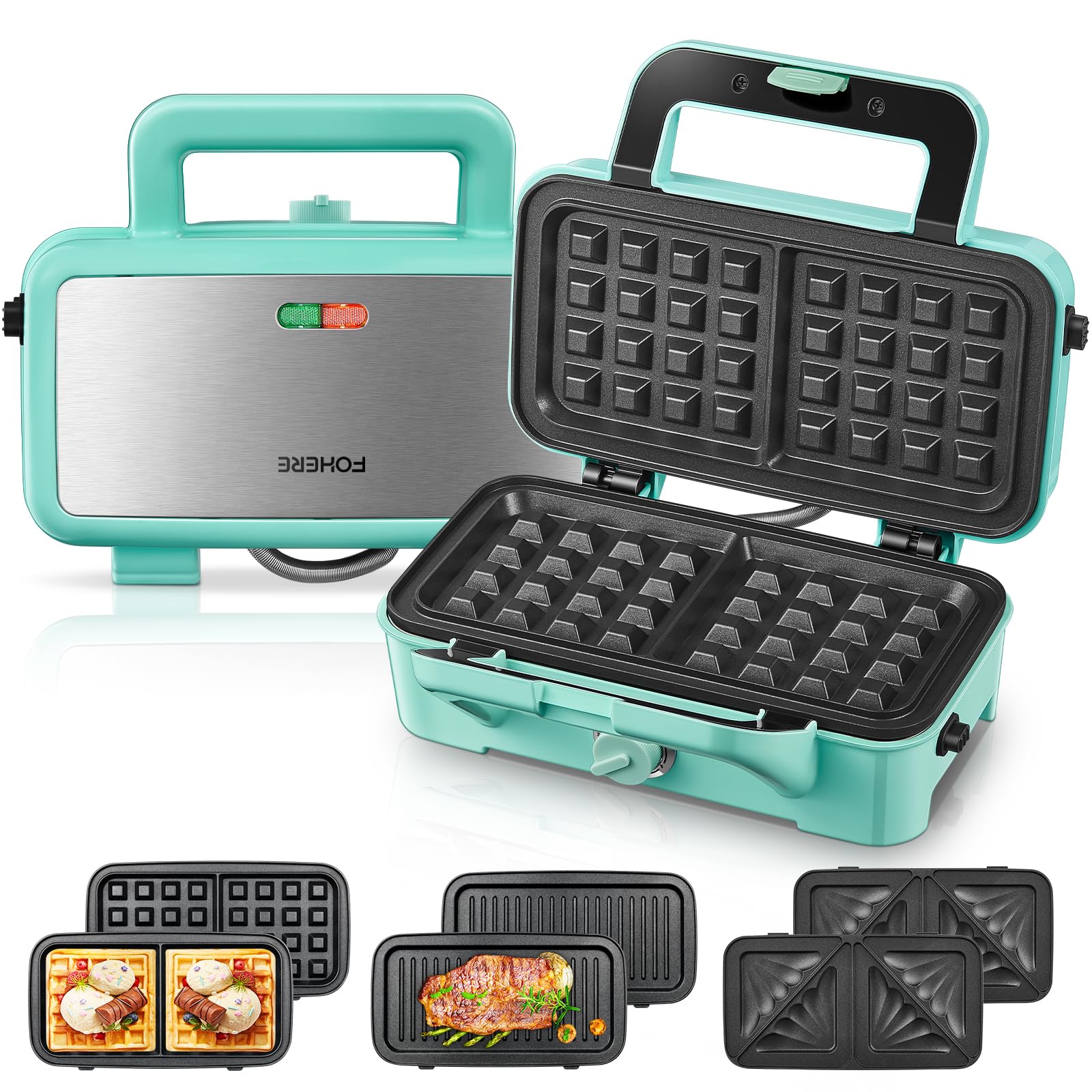 FOHERE 3-in-1 Waffle Maker & Sandwich Press, 1200W Panini Grill with Removable Non-Stick Plates, 5-Level Temperature Control, Easy to Clean with Indicator Lights (Blue) - Perfect for Breakfast, Brunch, and Quick Snacks at Home or Office
