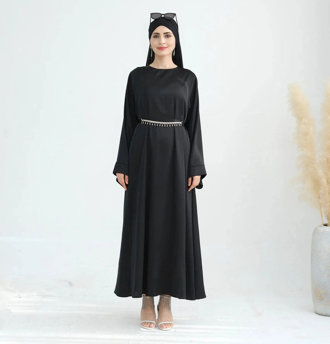 Elegant Crystal Belt Satin Abaya Dress with Matching Hijab - Modest Islamic Prayer Dress for Women - Perfect for Eid, Wedding & Special Occasions