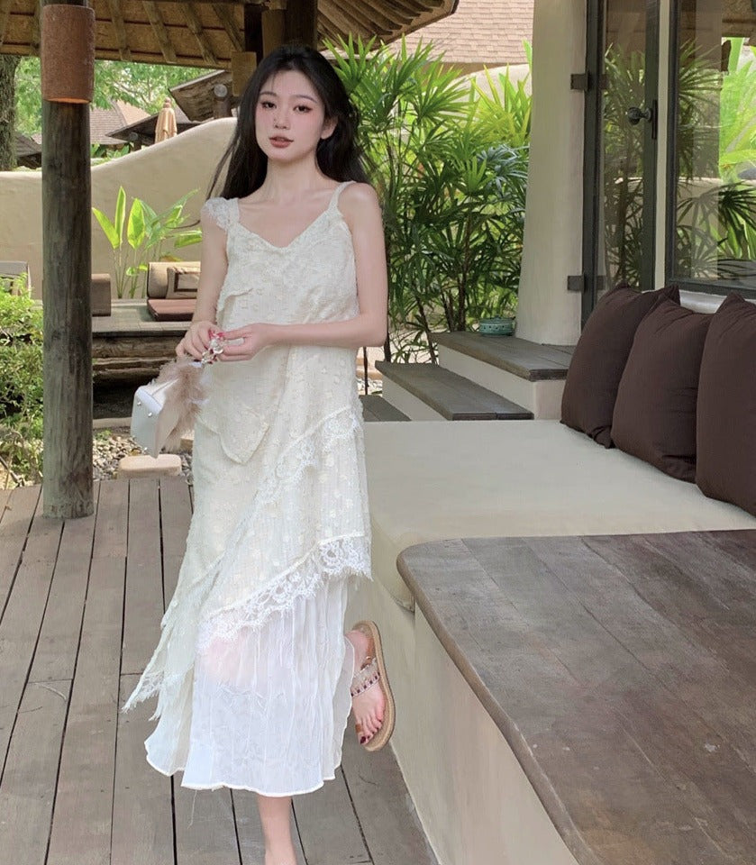 Elegant French Lace White Spaghetti Strap Summer Dress - Fairy Midi Length Flowy Dress 1090 | Perfect for Beach Weddings, Garden Parties & Boho Photoshoots