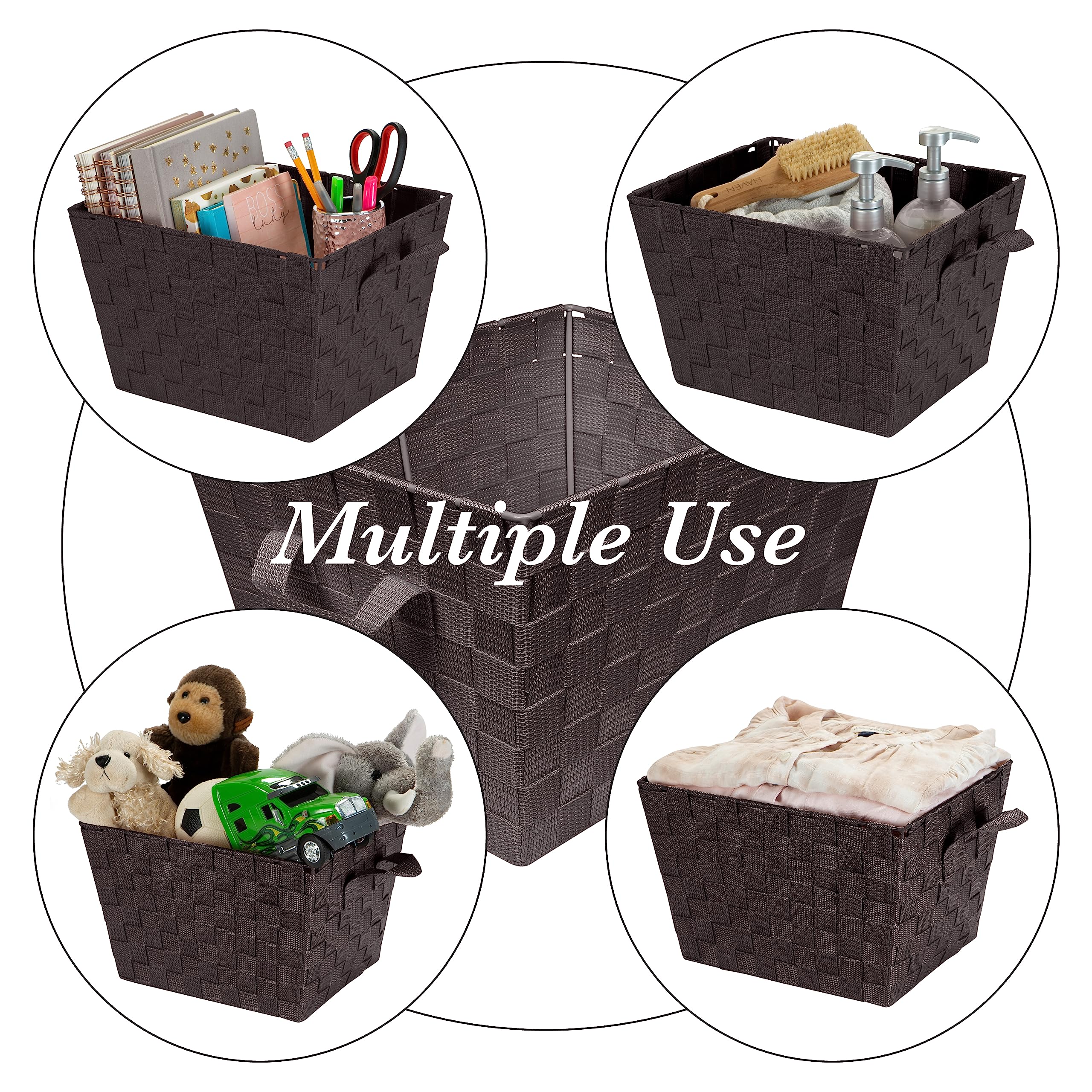 Medium Woven Storage Tote Basket with Handles - 4 Pack Chocolate - Perfect for Bedroom, Bathroom, Nursery & Closet Organization - Great for Toys, Accessories & Gift Giving