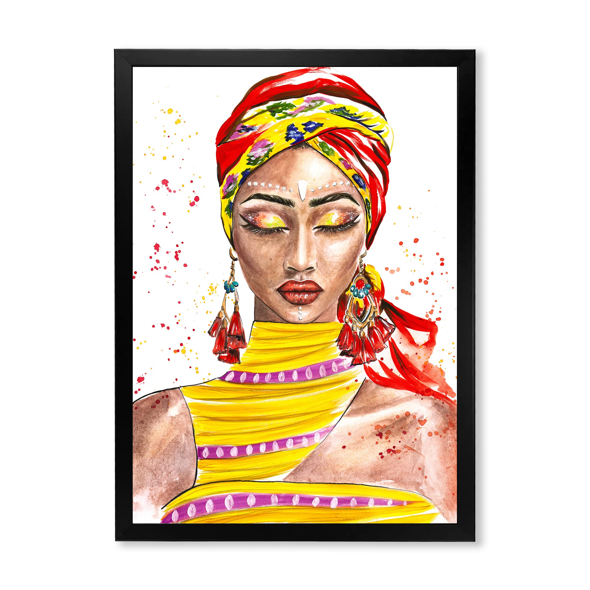 Vibrant Afro American Woman Portrait - Traditional Framed Wall Art for Living Room, Bedroom & Office Decor | Colorful Exotic Home Artwork