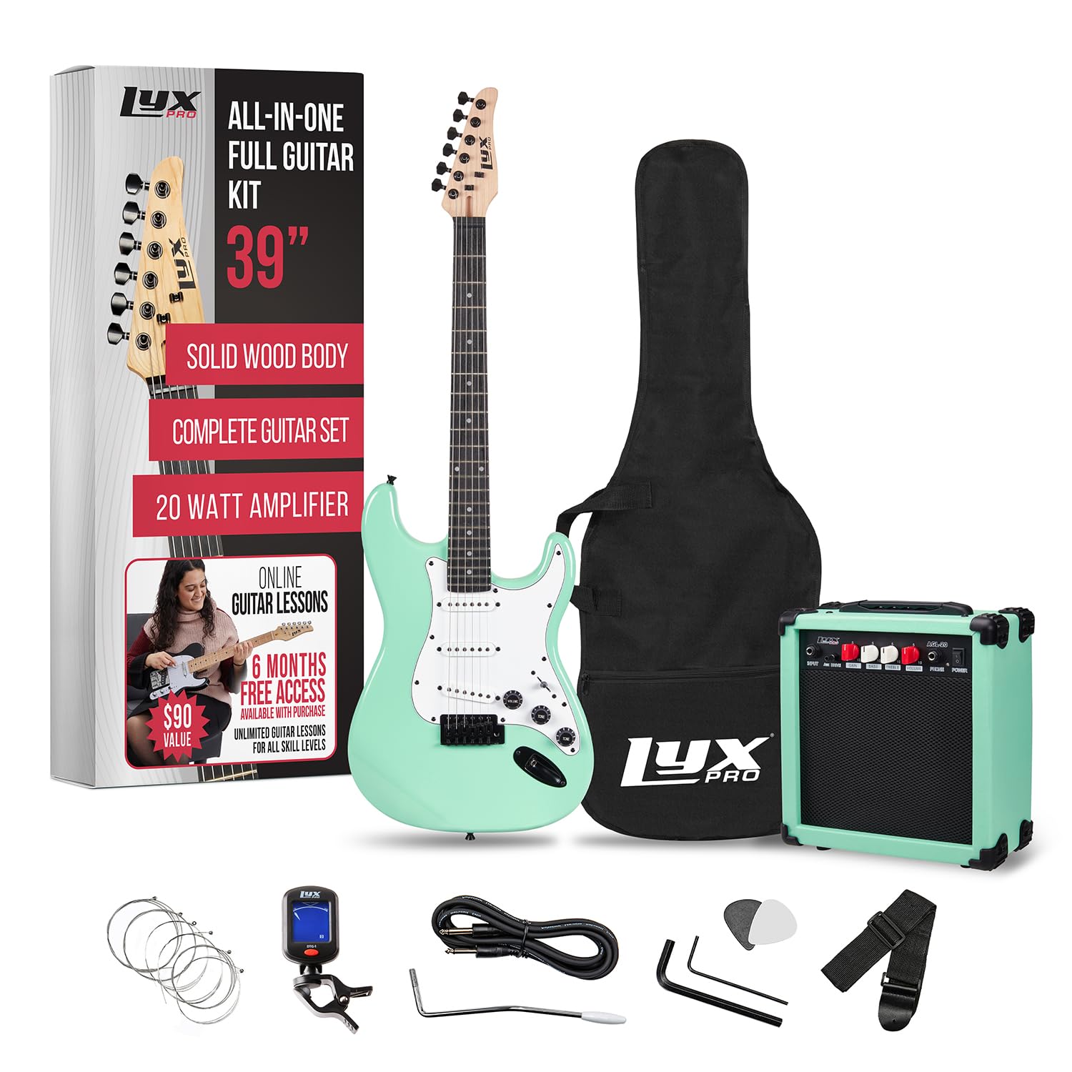 LyxPro 39 Inch Full Size Electric Guitar Starter Kit with 20W Amplifier - Includes Digital Clip-On Tuner, 6 Strings, 2 Picks, Tremolo Bar, Shoulder Strap & Case Bag - Perfect for Beginners & Practice (Green)