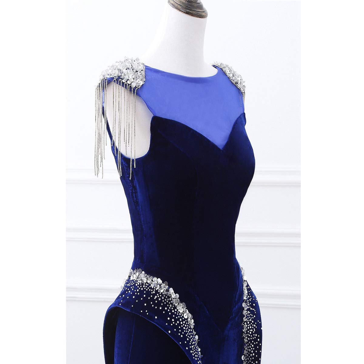 Elegant Women's Symmetrical Trumpet Mermaid Velvet Long Evening Dress with Beaded Tassel - Perfect for Prom, Gala, Wedding & Formal Events