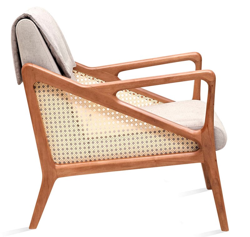 Handmade Designer Cane and Upholstered Lounge Chair - Mid-Century Modern Accent Chair for Living Room, Bedroom & Office - Comfortable Reading Chair with Woven Rattan Backrest