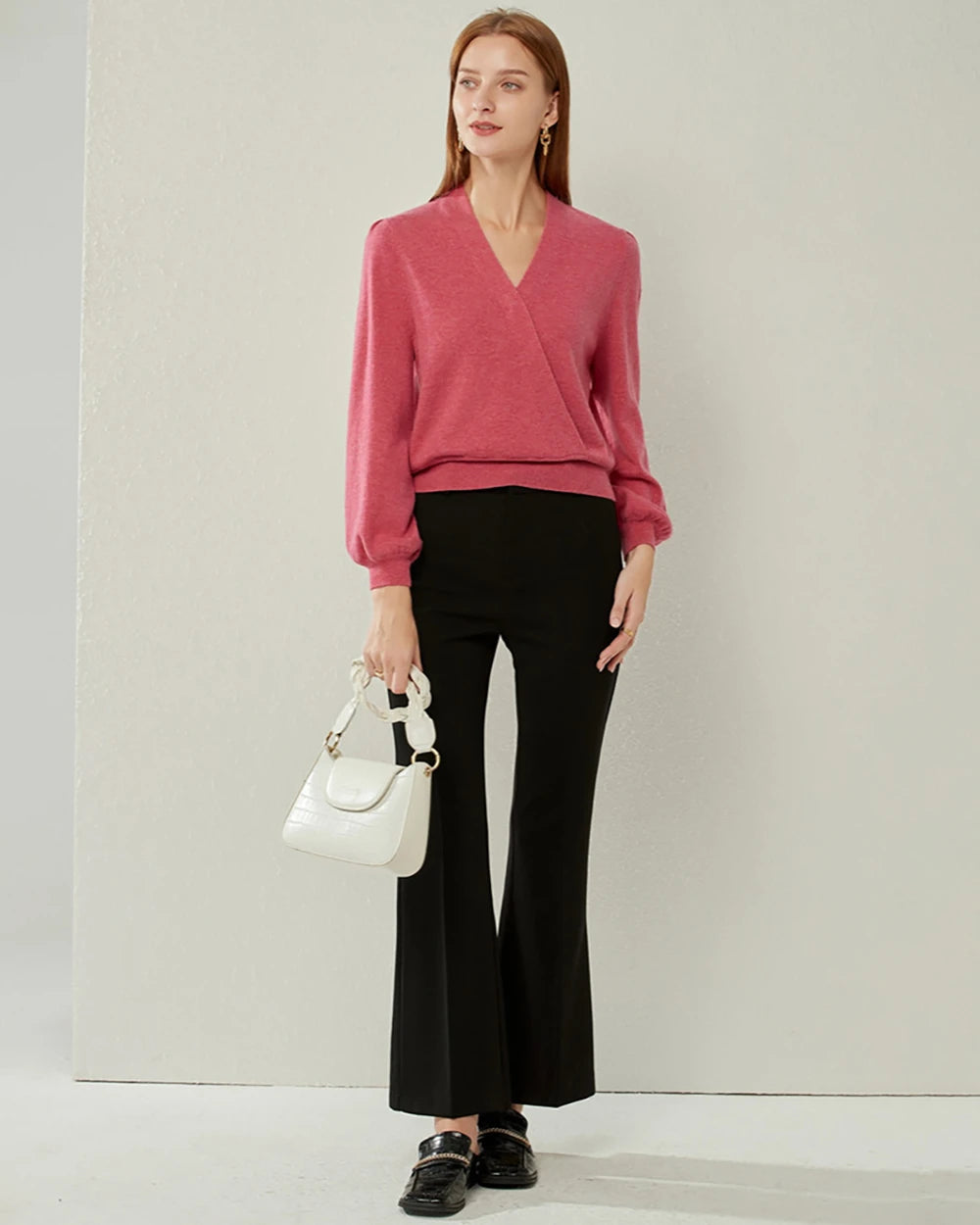 V Neck Lantern Sleeve Cashmere Sweater Women's - Soft Luxurious Winter Pullover for Office, Date Night & Holiday Outfits