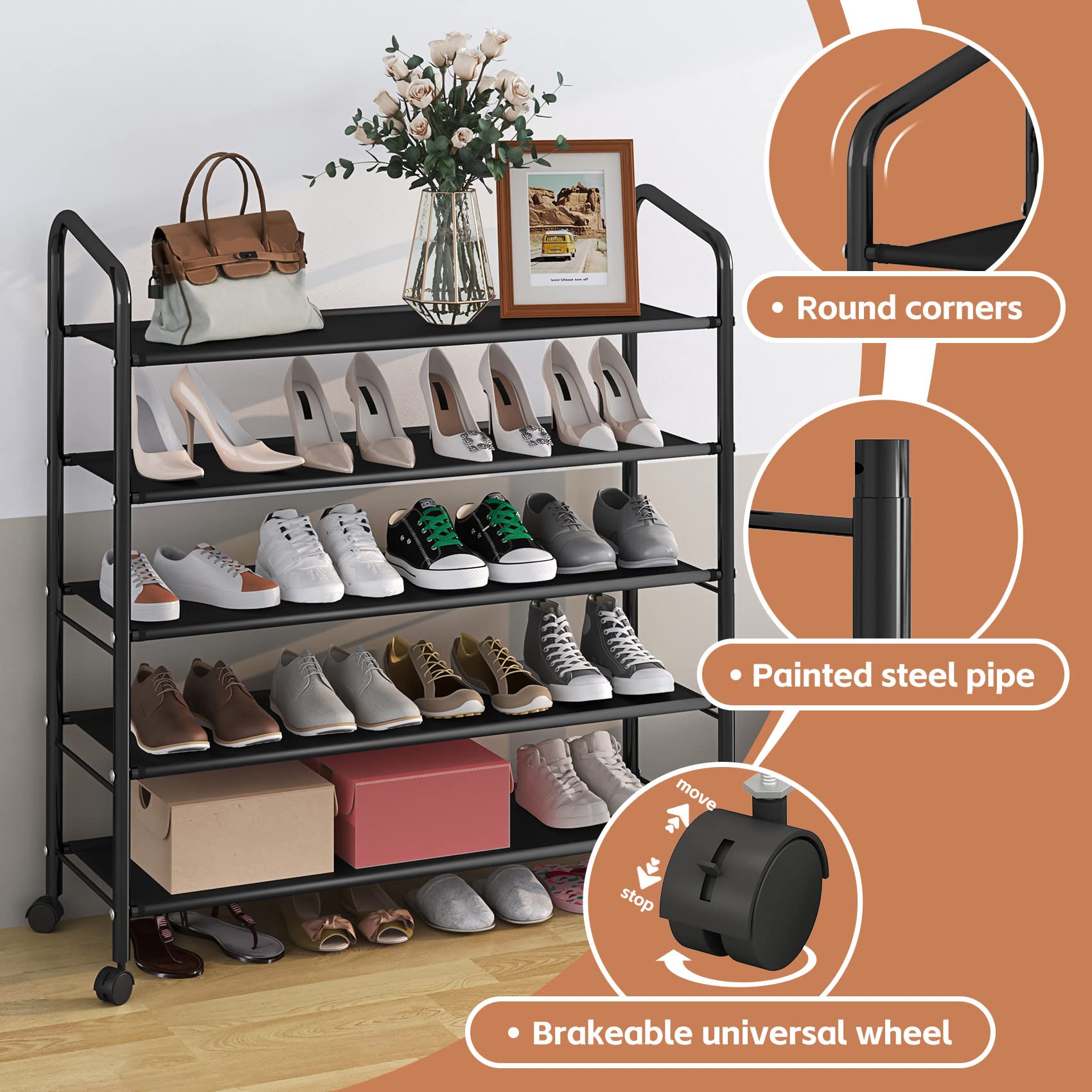 5-Tier Black Metal Shoe Rack Organizer with Wheels - Sturdy Rolling Shoe Storage Shelf for Entryway, Closet, Garage & Floor - 31-Inch Wide Fabric Shelves for Sneakers, Boots & Sandals - Space-Saving Home Organization Solution