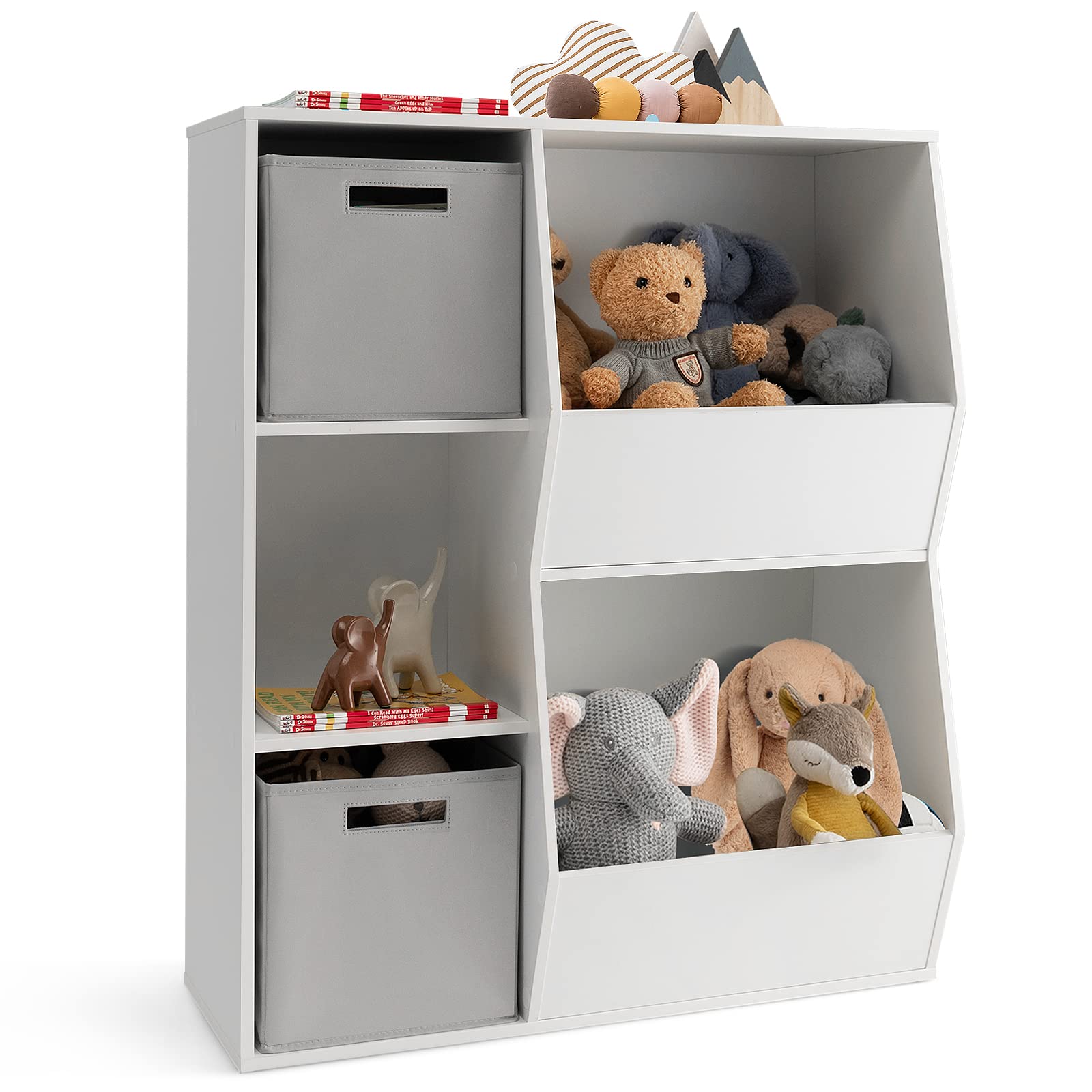 Costzon 5-Cubby Wooden Toy Storage Organizer with Bookcase & Bins - Kids Bookshelf & Toy Cabinet for Toddlers - Playroom, Nursery, Daycare & Living Room Storage Solution (White & Gray) - Perfect for Organizing Toys, Books & Kids' Essentials