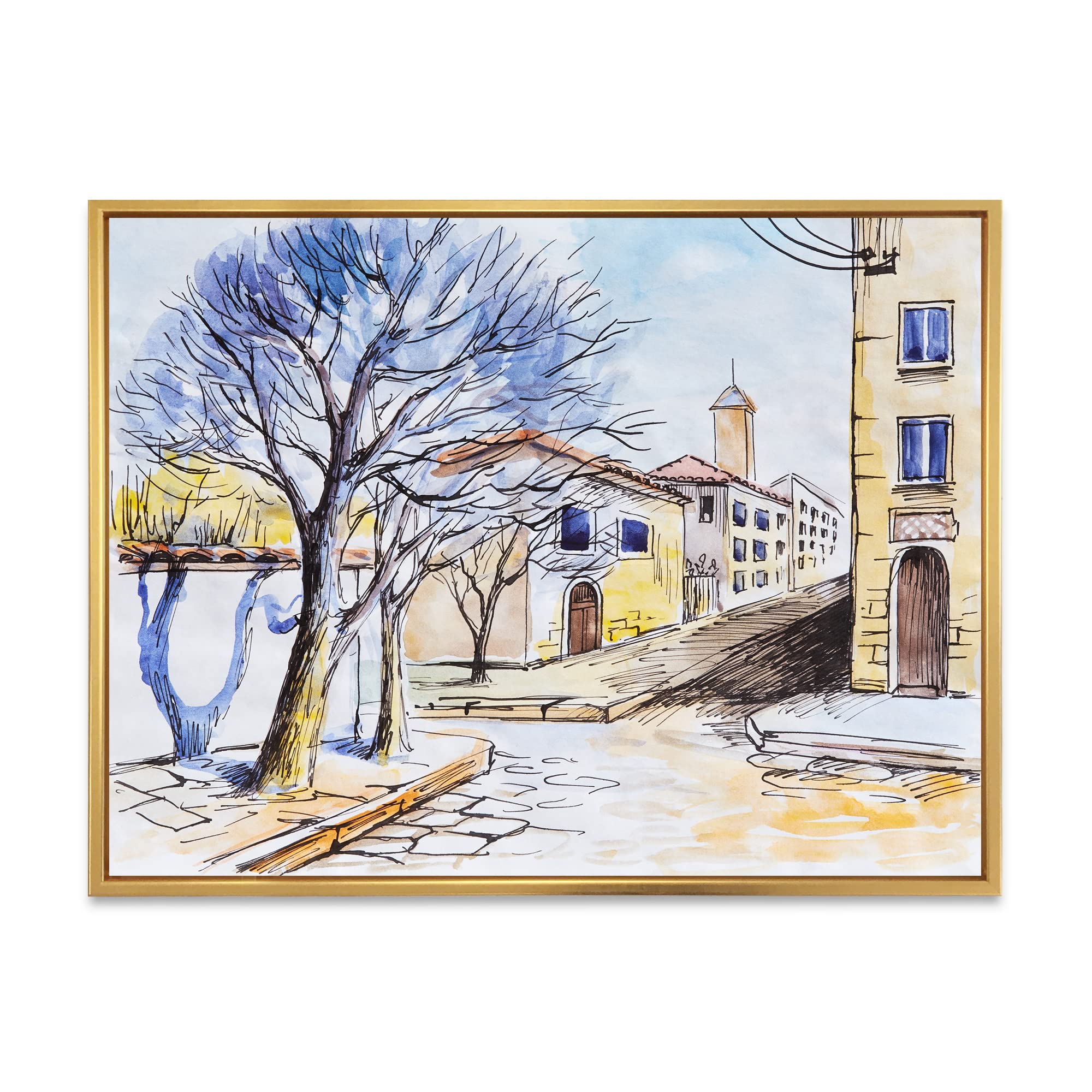DesignQ White House in Summer Village - Traditional Framed Canvas Wall Art Print for Living Room, Bedroom & Office Decor | Home & Wall Decoration