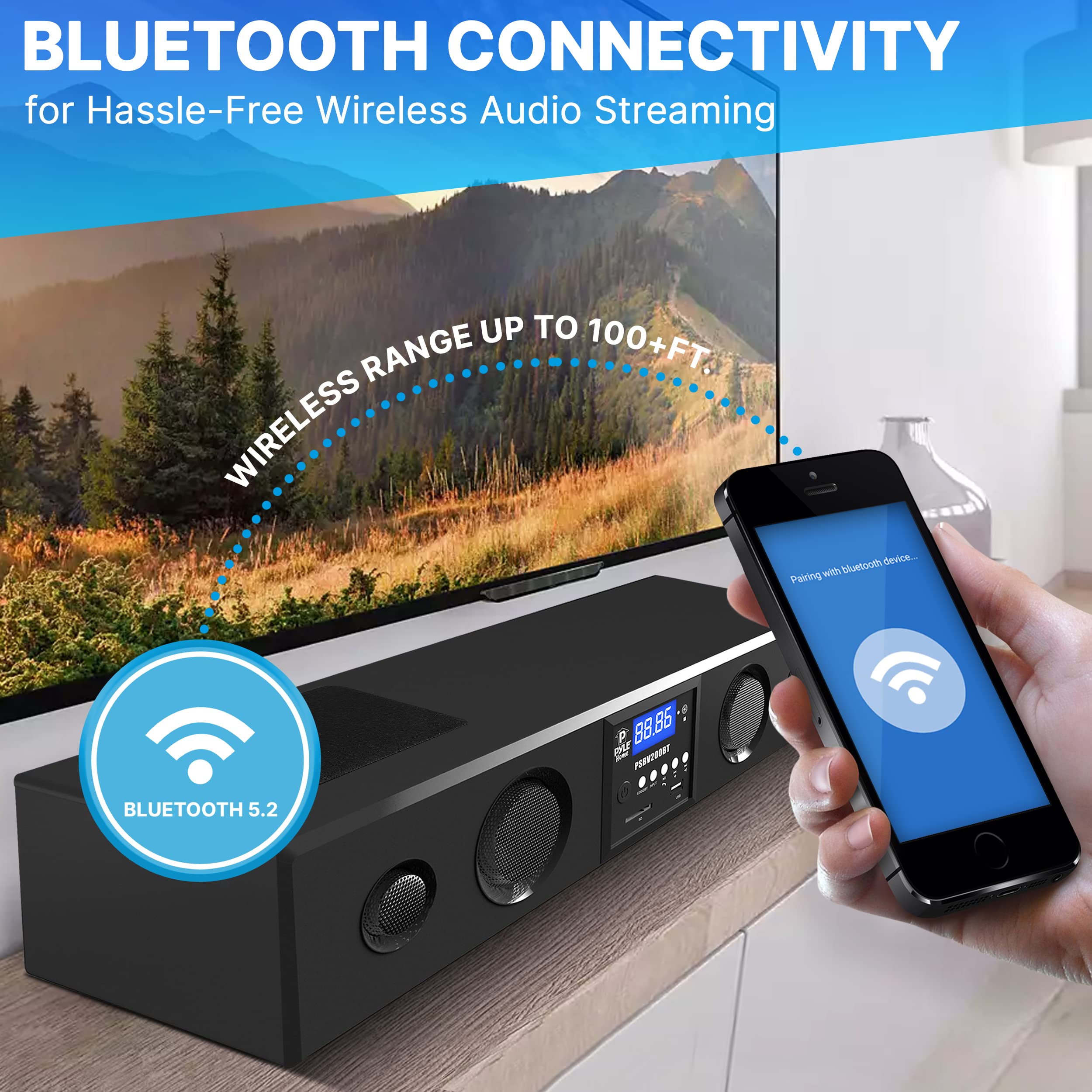 Pyle PSBV200BT 3D Surround Sound Bluetooth Soundbar with Deep Bass - Wireless TV Speaker System with USB, SD, FM Radio & 3.5mm AUX Input, Remote Control - Perfect for Home Theater, Gaming & Movie Nights (Black)