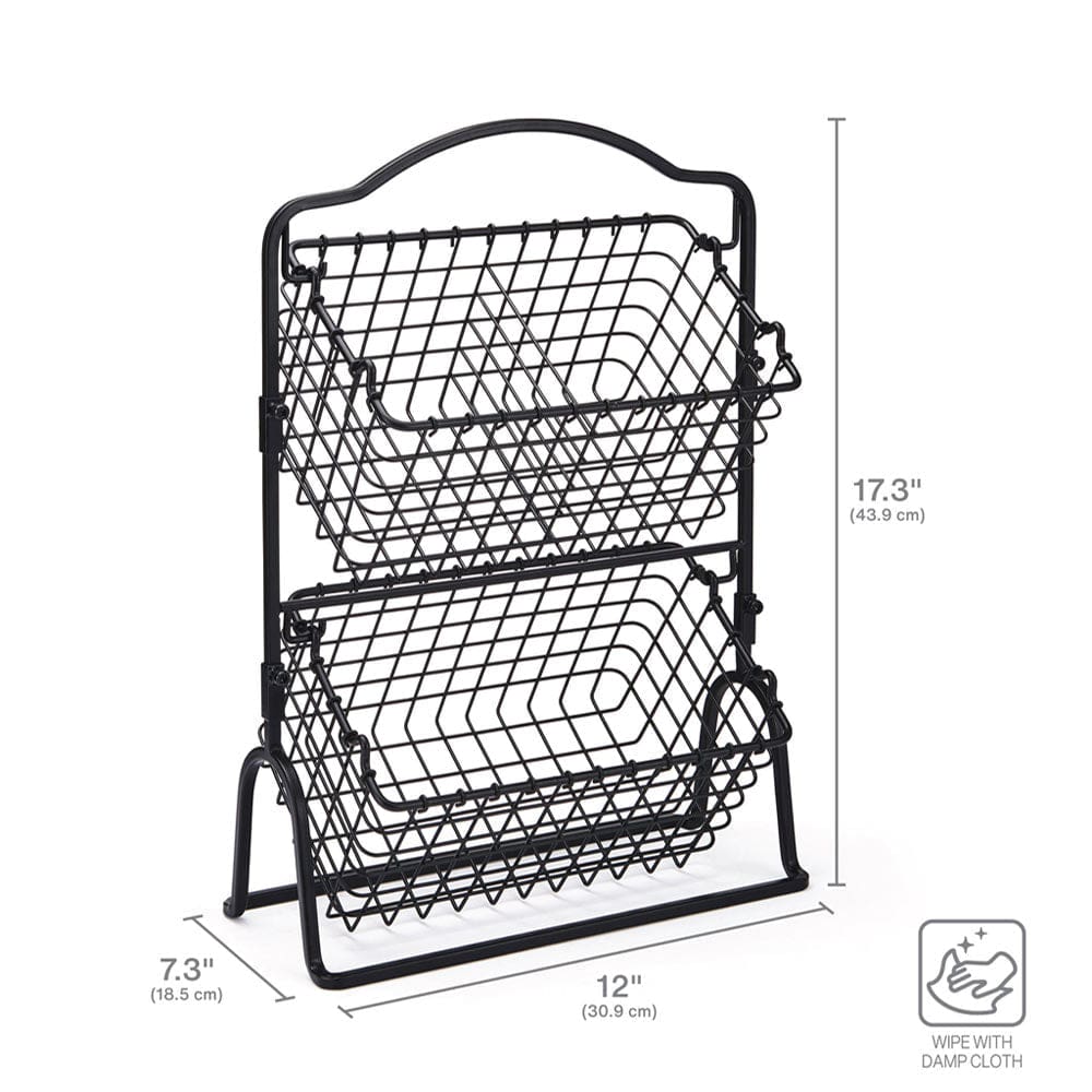 2-Tier Storage Basket Organizer - Foldable Metal Wire Grid Basket for Home, Office, and Kitchen Organization - Perfect for Pantry Shelves, Closet Storage, and Bathroom Essentials