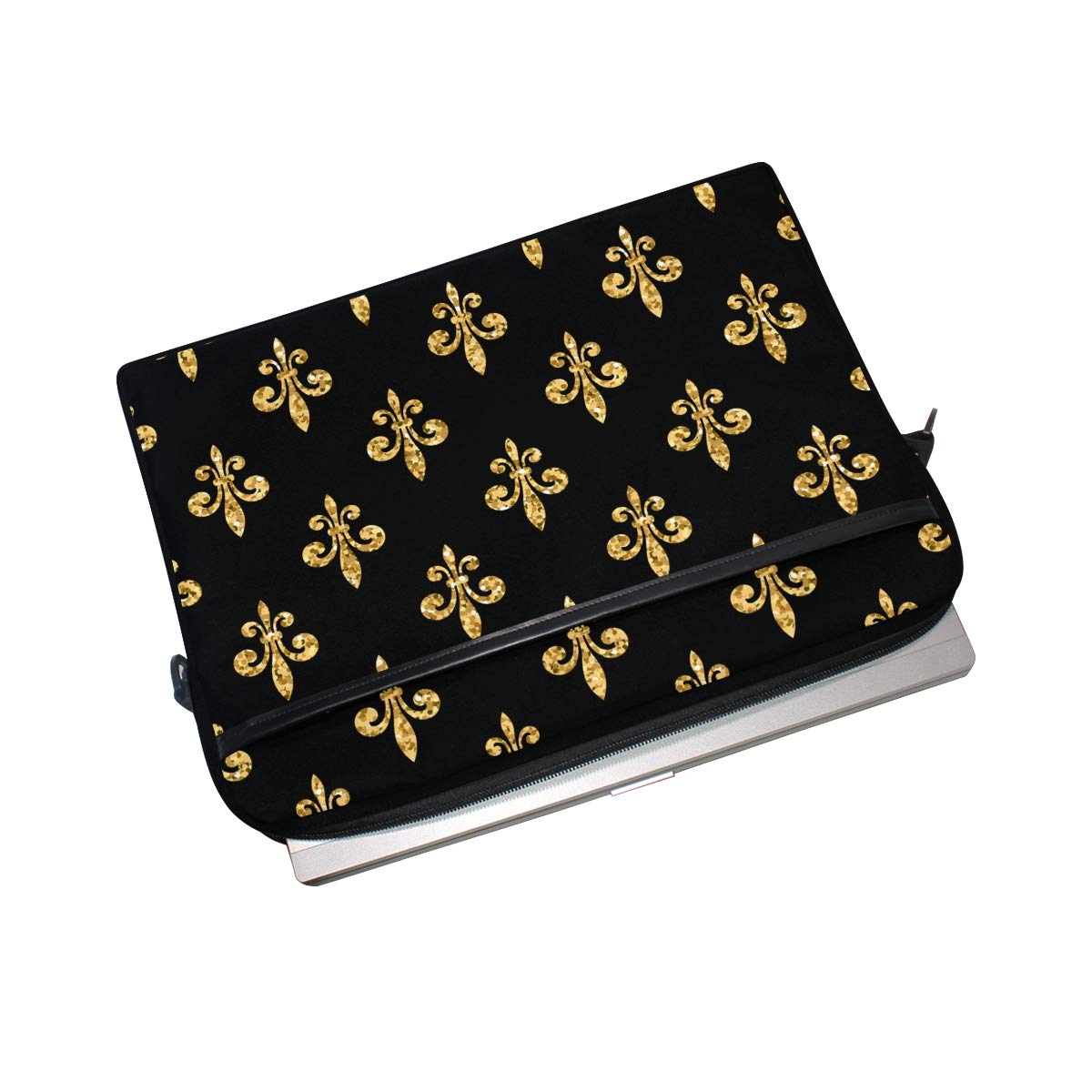 Golden Fleur-De-Lis Floral Black Laptop Shoulder Bag - Stylish Briefcase Computer Bag with Adjustable Strap Fits 13-14 Inch Laptops - Perfect for Work, School & Travel