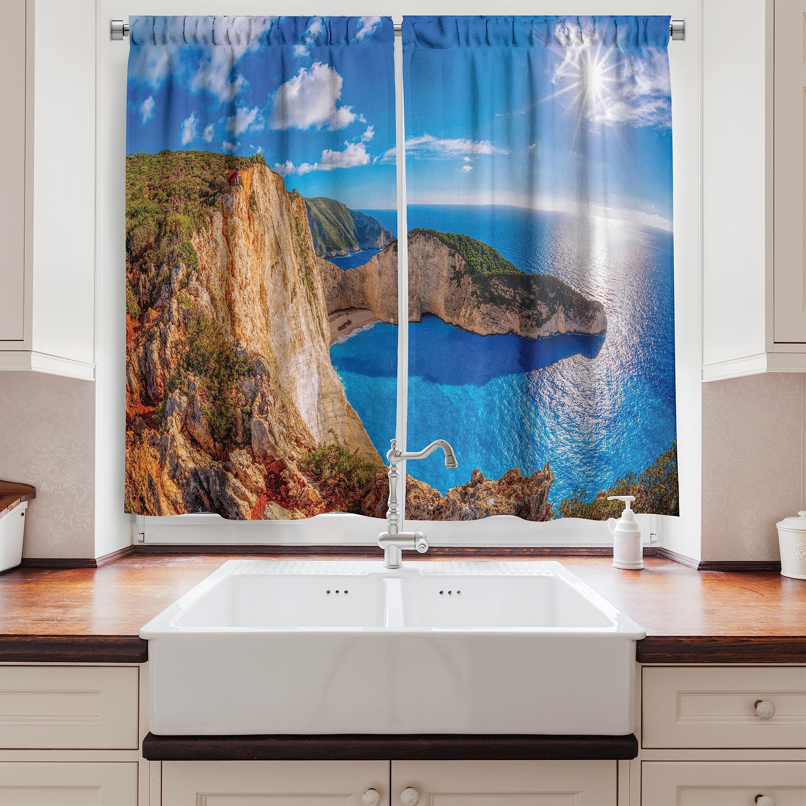 Ambesonne Greece Kitchen Curtains - Vivid Navagio Beach Sunrise Zakynthos Island Print, 2 Panel Window Drapes for Kitchen & Cafe Decor, 55