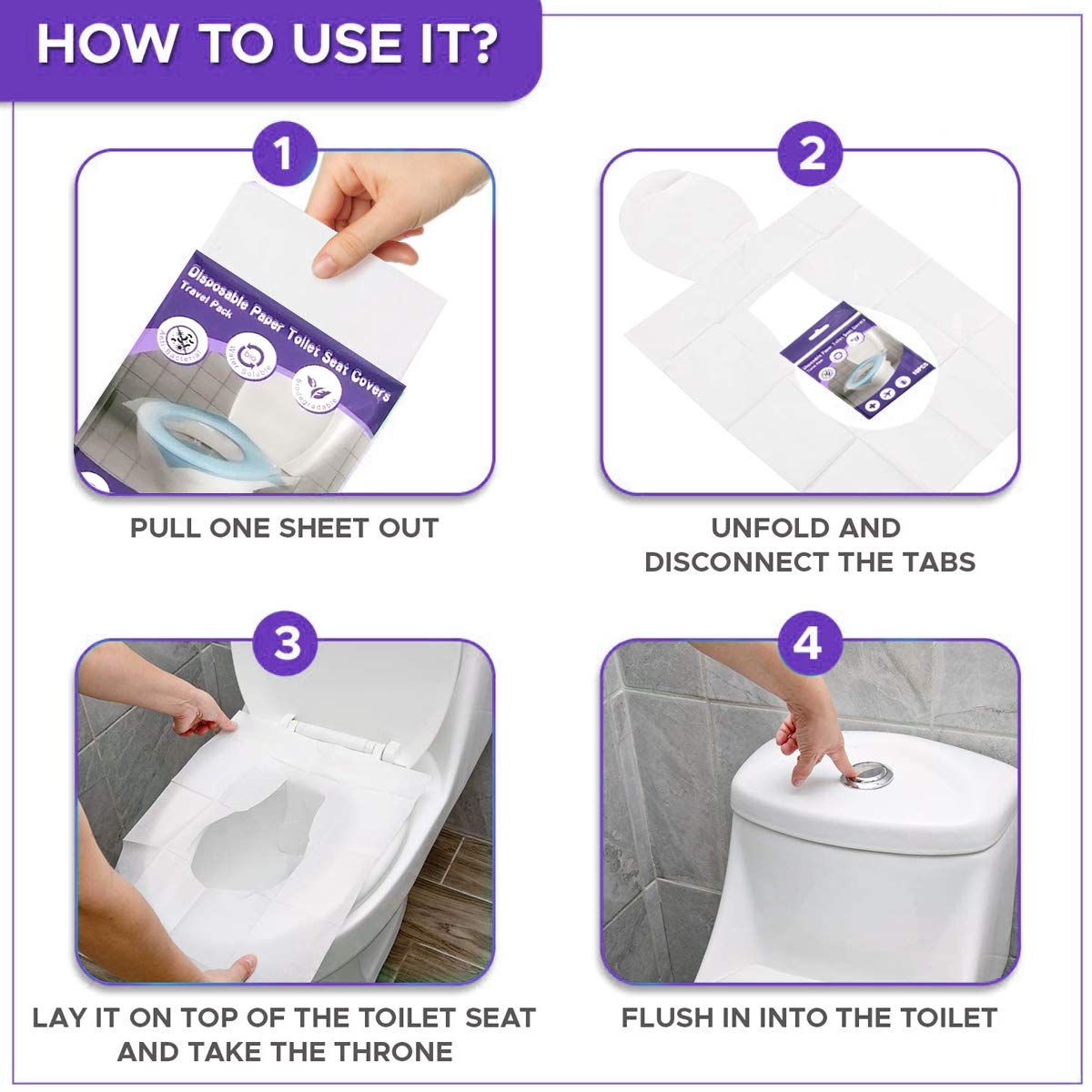 Disposable Toilet Seat Covers Travel Pack - 50 Count Flushable Sanitary Covers for Kids, Toddlers & Adults | Portable Hygiene Solution for Travel, Camping, Public Restrooms & Potty Training | BPA-Free Virgin Material