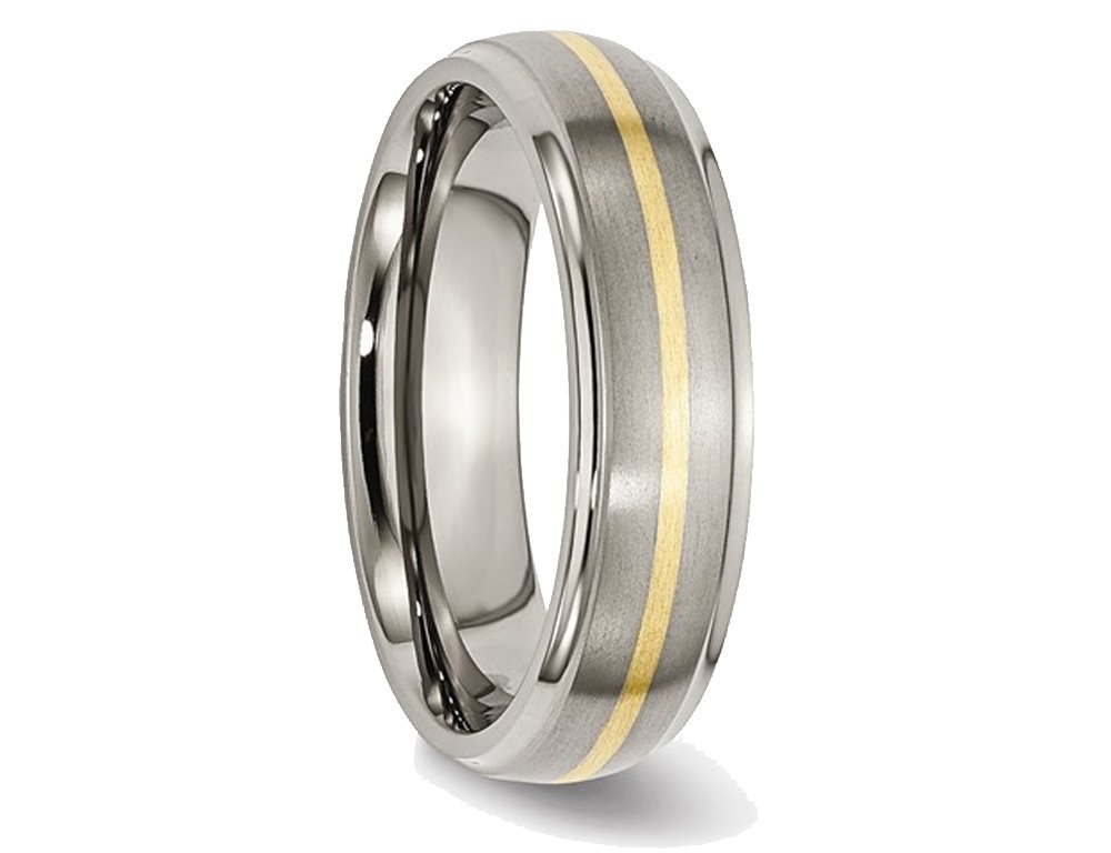 14K Yellow Gold Inlay Titanium Brushed Wedding Band Ring for Men & Women - 6mm Ridged Edge Design for Elegant & Durable Everyday Wear