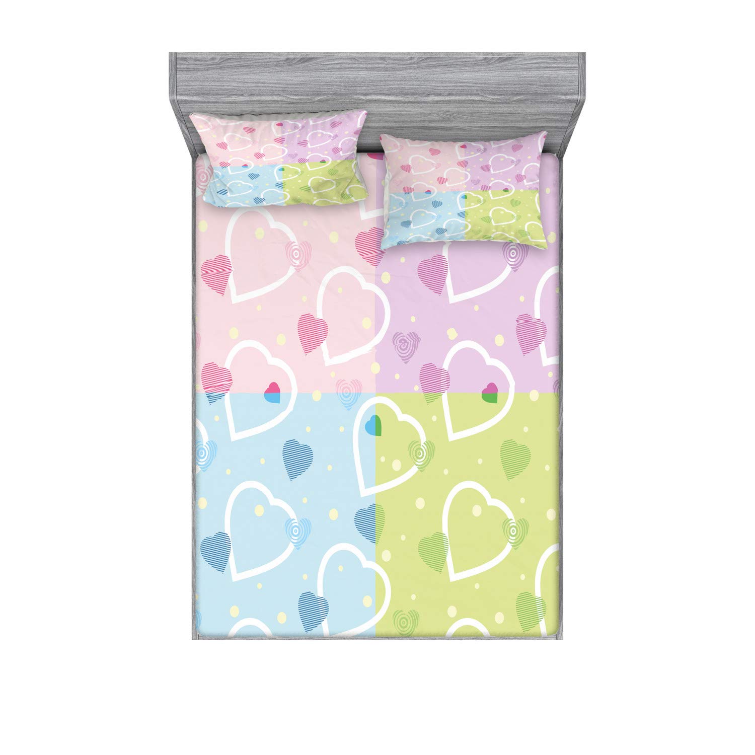 Ambesonne Valentine 3-Piece Bedding Set - Queen Size Fitted Sheet & Pillow Shams with Big Little Heart Motifs, Colorful Dotted Background for Romantic Decor | Perfect for Valentine's Day, Anniversary Gifts & Couples Bedroom Decor