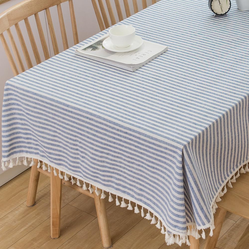 Premium Cotton Tablecloth - Blue and White Striped Rectangle Table Cover 102