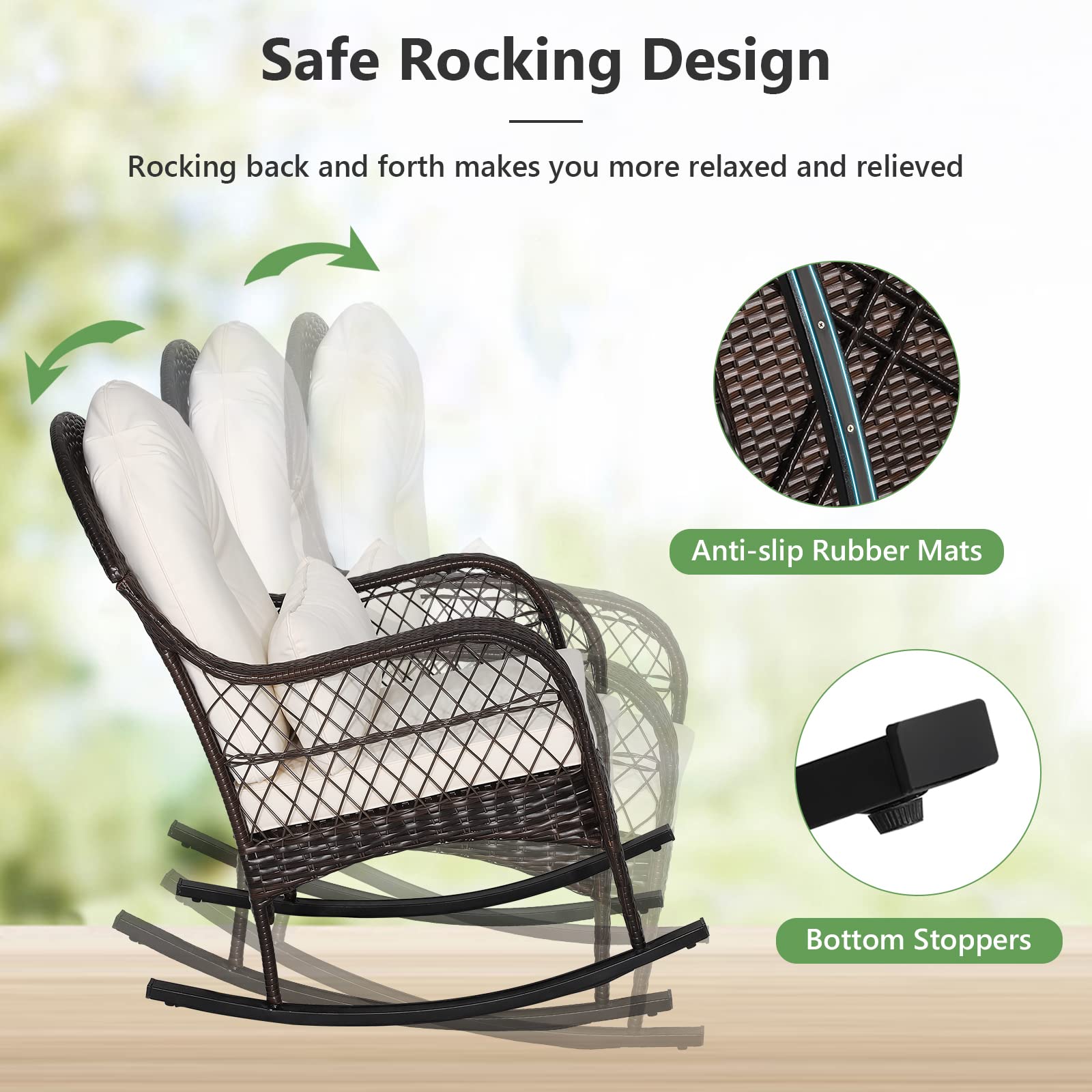MEDIMALL Outdoor Wicker Rocking Chair with Lumbar Support - Patio Rattan Rocker with Padded Seat & Back Cushions - Durable Metal Frame - Mix Brown Wicker Furniture for Balcony, Porch, Deck, Backyard (Off White) - Perfect for Relaxing, Reading & Enjoying Outdoor Spaces