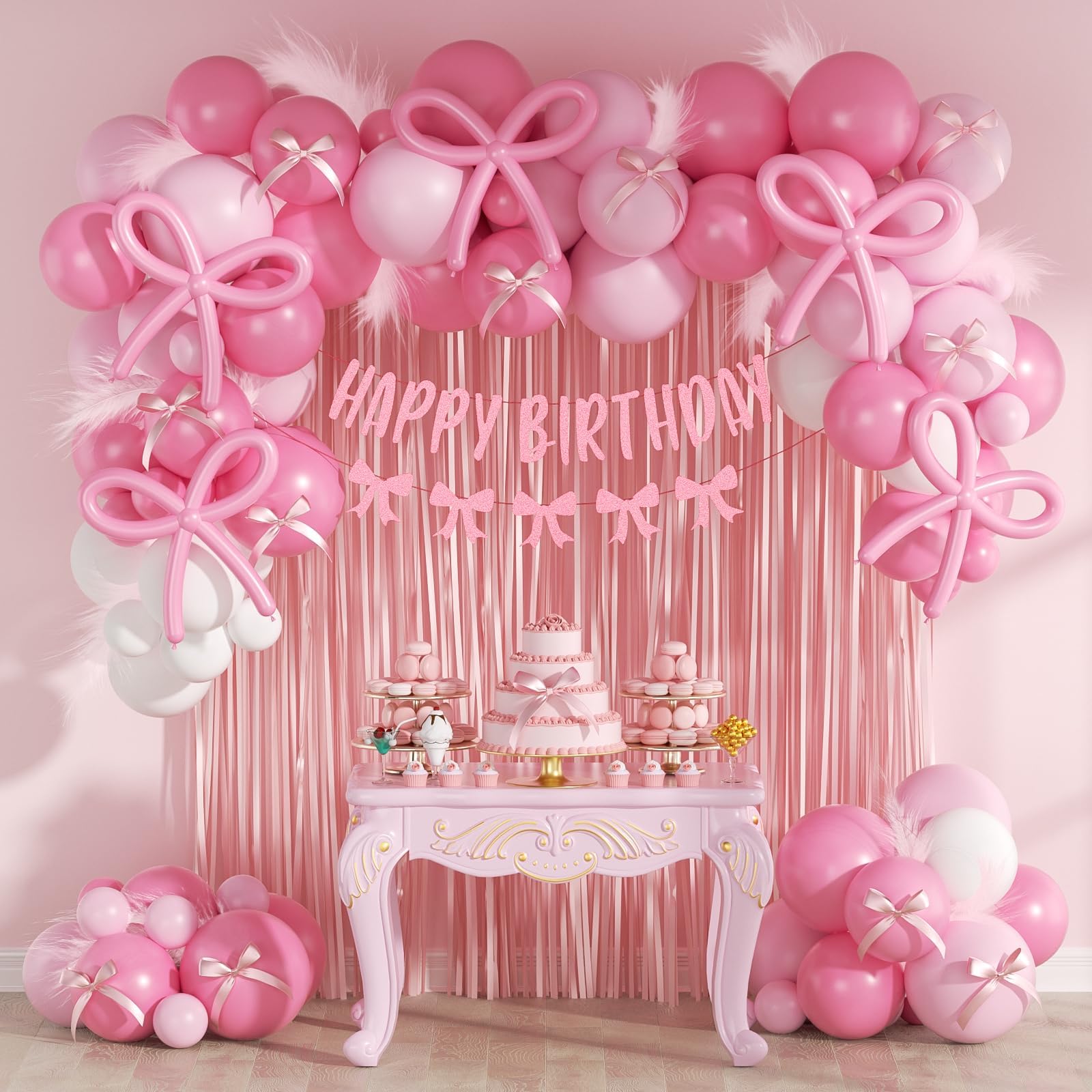 Elegant Pink Bow Birthday Decorations for Women - Light Pink Balloons, Fringe Curtains & Happy Birthday Banner | Perfect for Bow-Themed Coquette Parties, Bridal Showers & Adult Birthday Celebrations