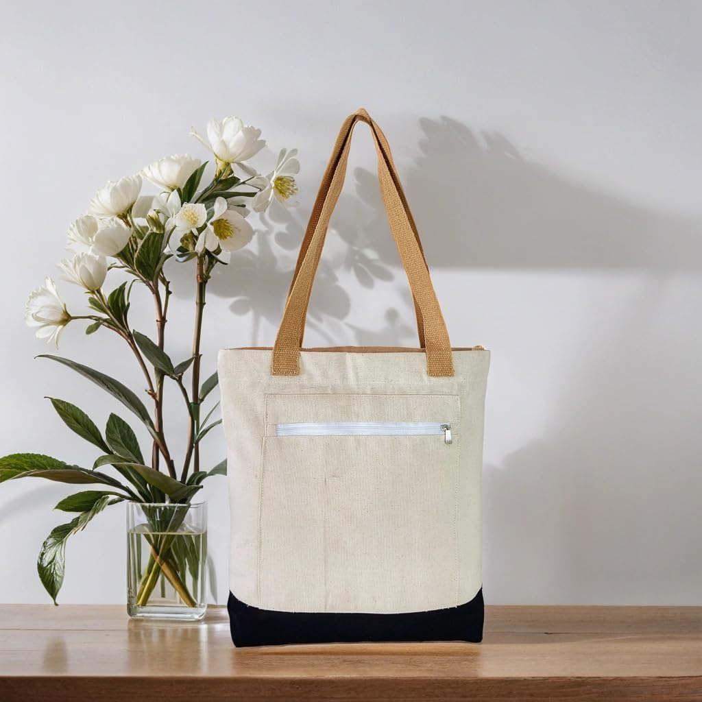 Eco-Friendly Women's Tote Bag with Zipper Closure & Multiple Pockets | 100% Organic Cotton Canvas Shoulder Bag for Work, School & Everyday Use | Perfect for Office, College, Shopping & Travel