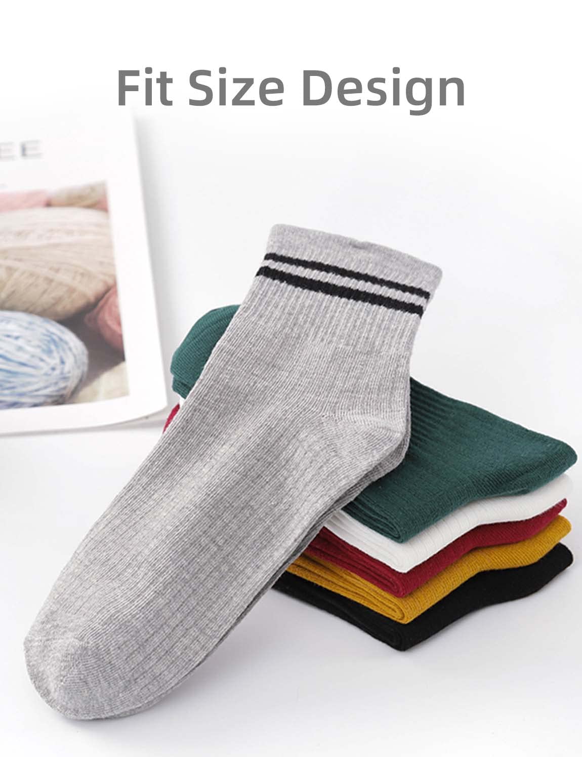 5-Pack Women's Mid Calf Socks - Black, White, Yellow, Rose Red & Green - Comfortable Everyday Casual Socks for Work, Sports & Daily Wear