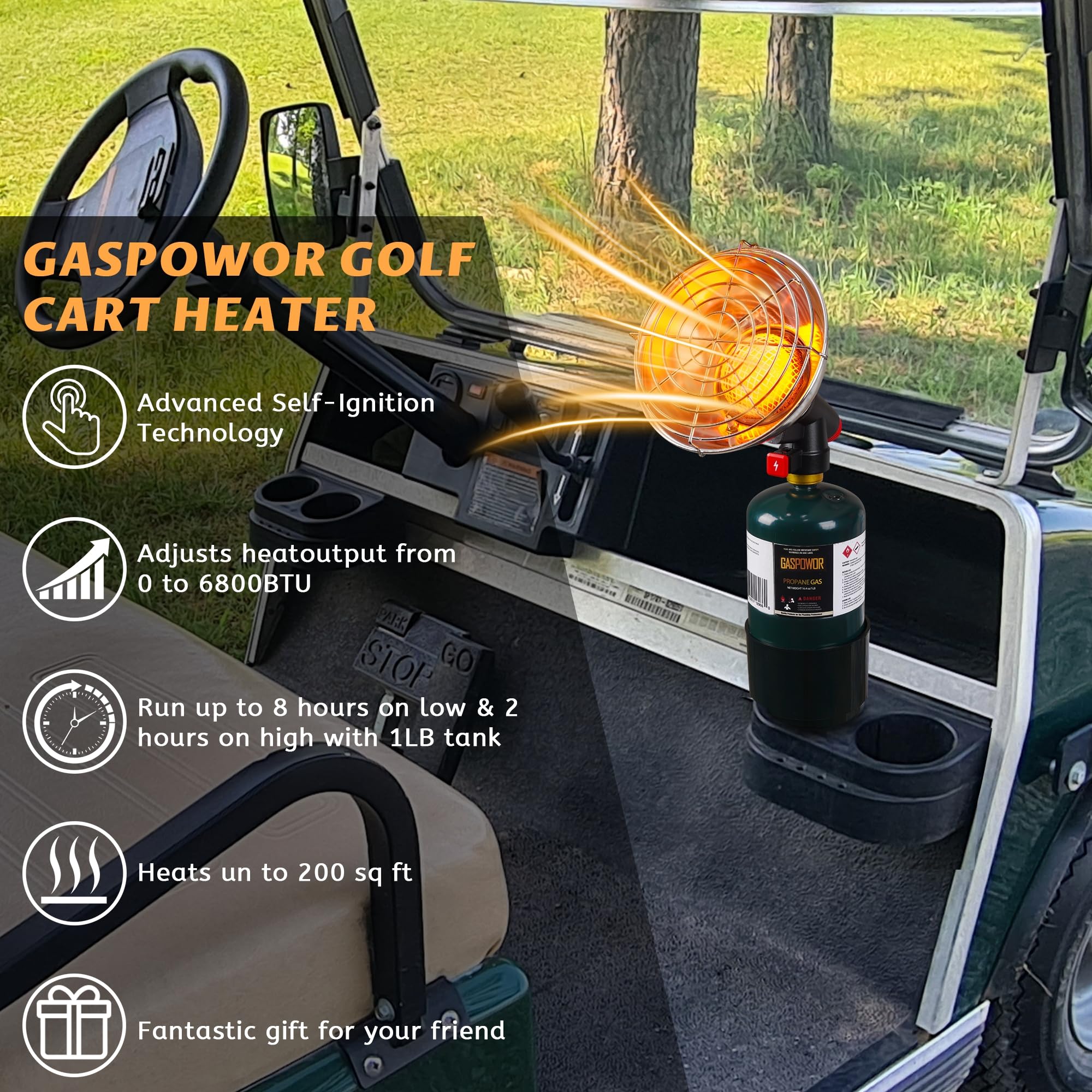 6800BTU Propane Golf Cart Heater with Igniter - 2-in-1 Design with Cup Holder & Cylinder Base - Portable Heater for Golf Carts, Tents, Fishing, Camping & Outdoor Activities (Fuel Not Included)