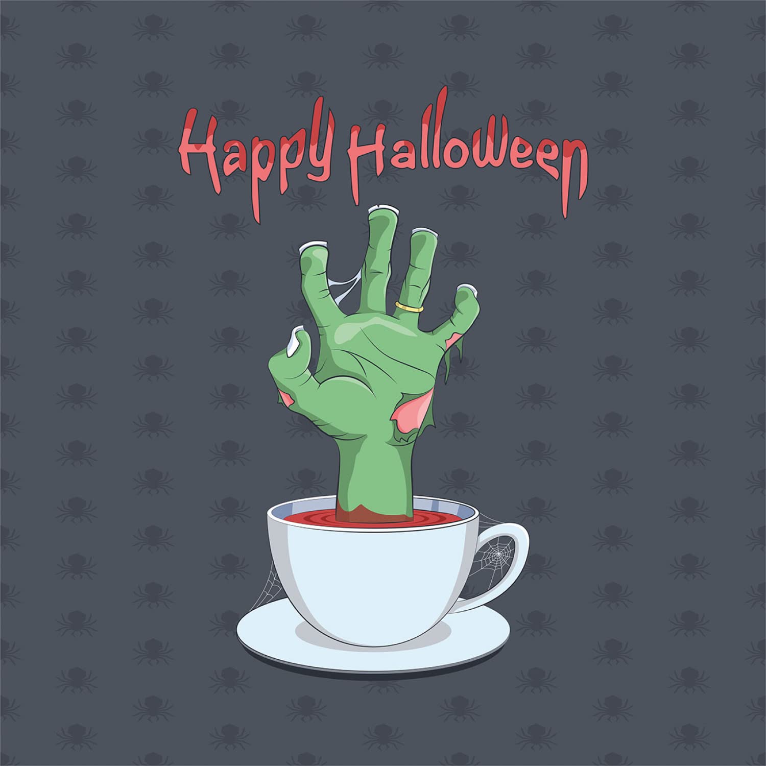 Ambesonne Halloween Duvet Cover Set - Zombie Hand in Bloody Tea Cup with Spiders & Halloween Lettering, 2-Piece King Size Bedding Set with 4 Pillowcases (Grey Pale Rust Green) | Spooky Bedroom Decor for Halloween Party & Themed Home Decor