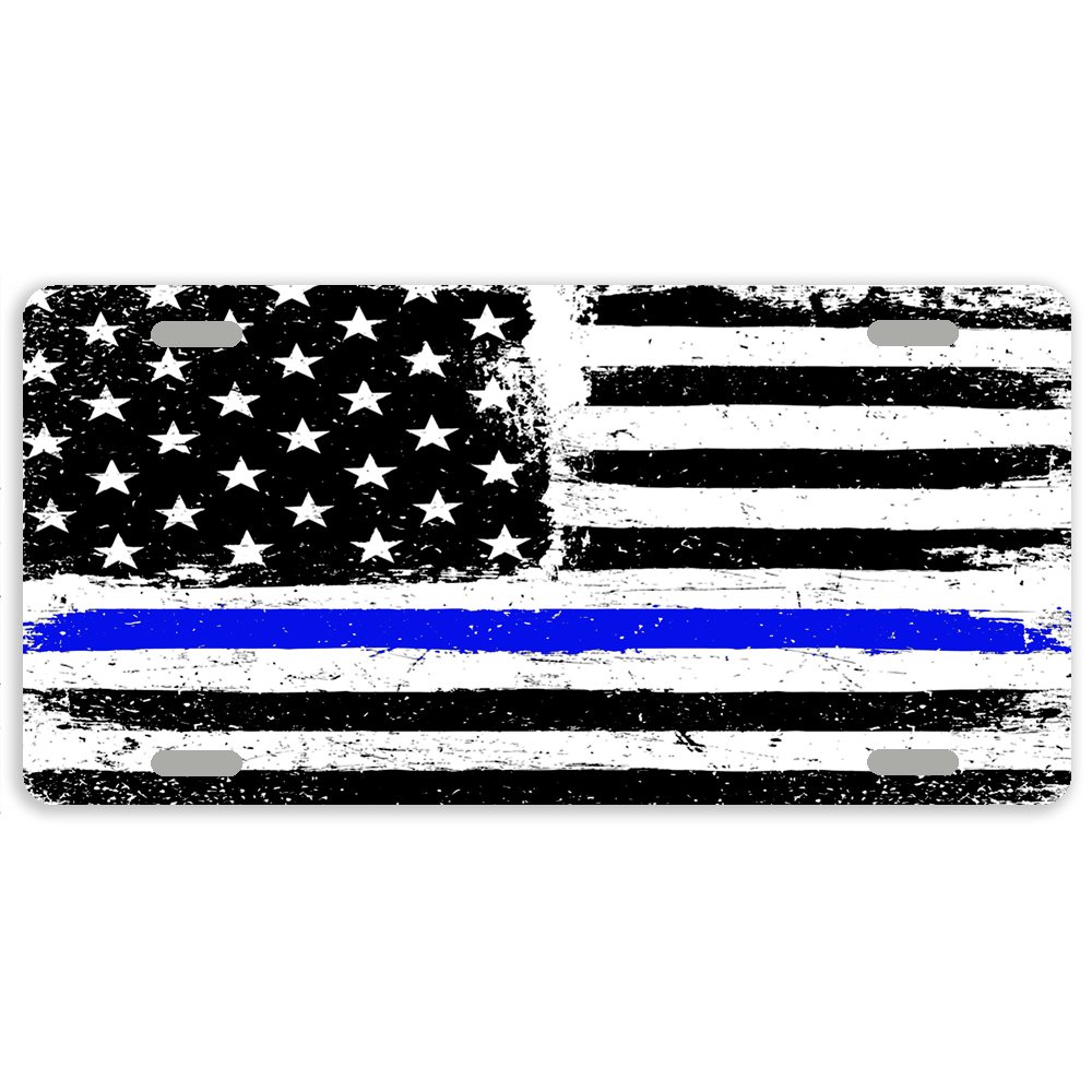 Thin Blue Line American Flag Metal Car License Plate Cover - 12 x 6 Inches with 4 Holes | Durable Auto Tag for Police Support & Patriotic Vehicle Decoration | Perfect for Cars, Trucks & SUVs
