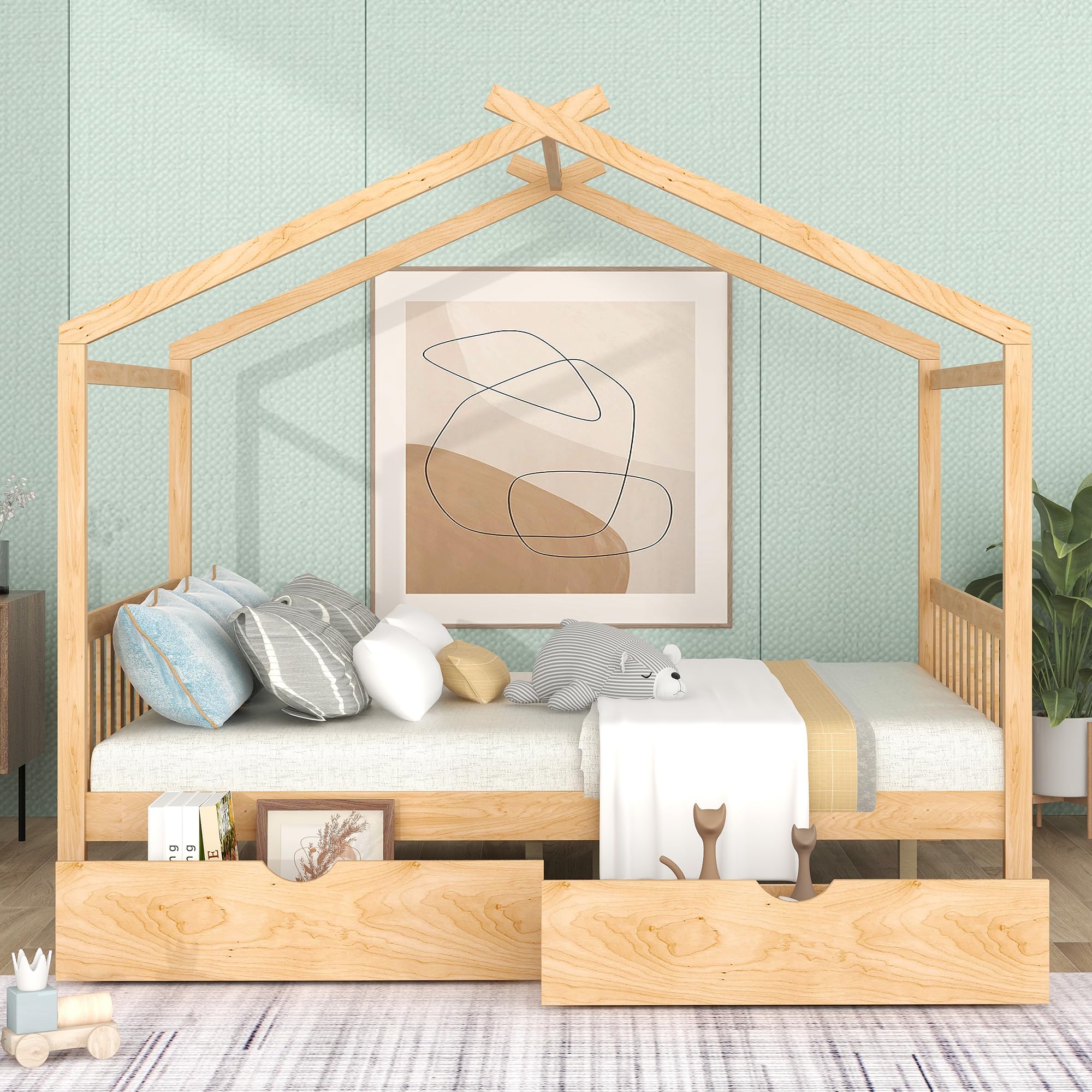 Solid Wood Full Bed Frame with Headboard & Footboard - Low Profile House Bed with Underbed Storage Drawers - Natural Finish for Kids, Teens, Boys & Girls - Perfect for Small Bedrooms, Dorm Rooms & Guest Rooms