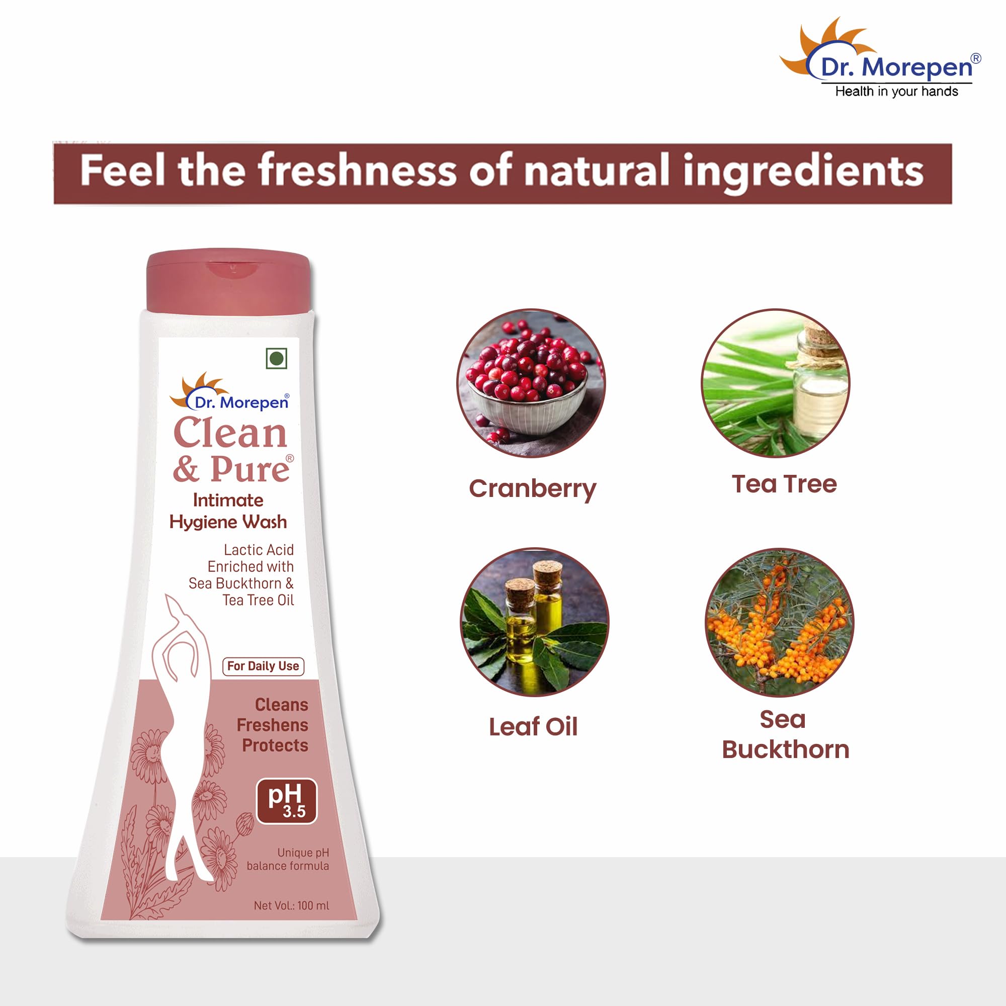 DR. MOREPEN Tea Tree Oil & Sea Buckthorn Intimate Wash for Women - pH Balanced, SLES & Paraben Free Feminine Hygiene (100ml) - Gentle Cleansing for Daily Use, Post-Workout & Menstrual Care