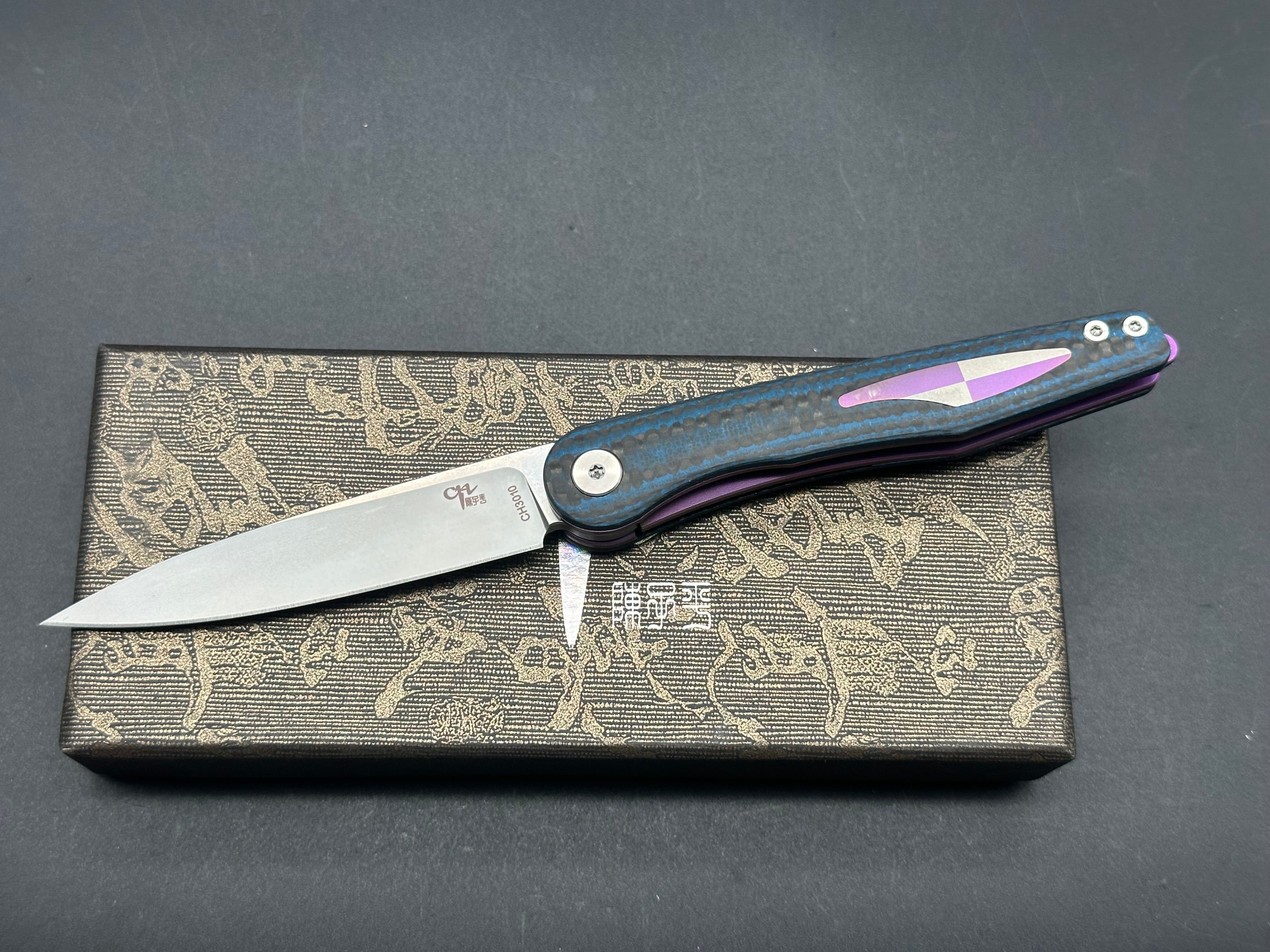 CH KNIVES Folding Pocket Knife - Army Green Carbon Fiber/Titanium/G10 Handle with M390 Steel Blade | Tactical EDC, Outdoor Camping & Survival Gear