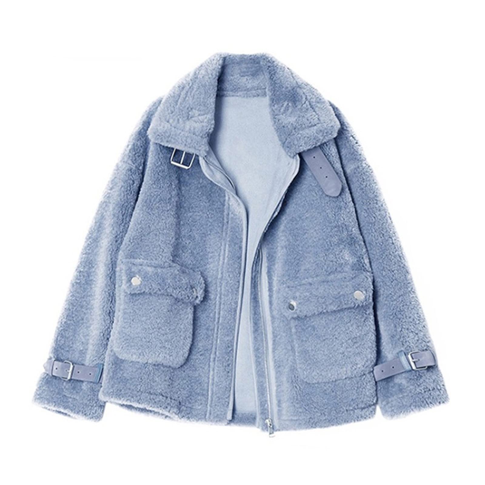 Women's Thick Warm Plush Cardigan Coat - High Street Fashion Solid Color Zipper Pocket Jacket (Blue, XXL) | Perfect for Office, Casual Outings & Winter Layering