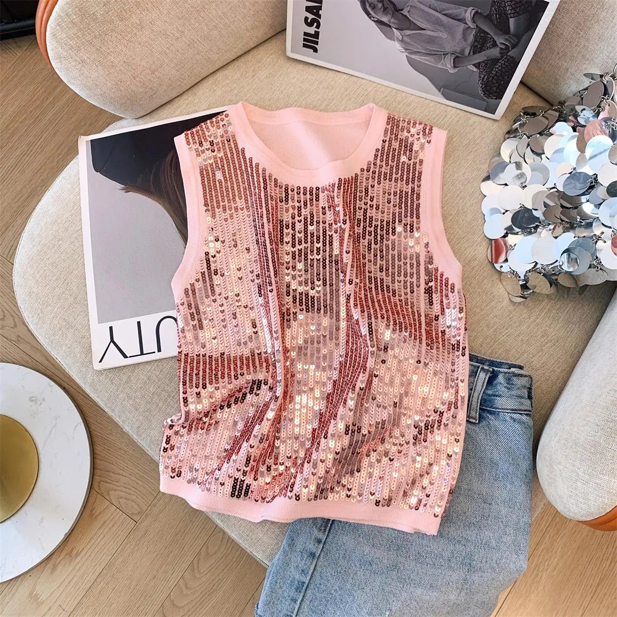 Elegant Black & Beige Sequin Knitted Sleeveless Top for Women - 2024 Summer Retro Y2K Fashion Vest | Perfect for Vacation, Parties & Night Out