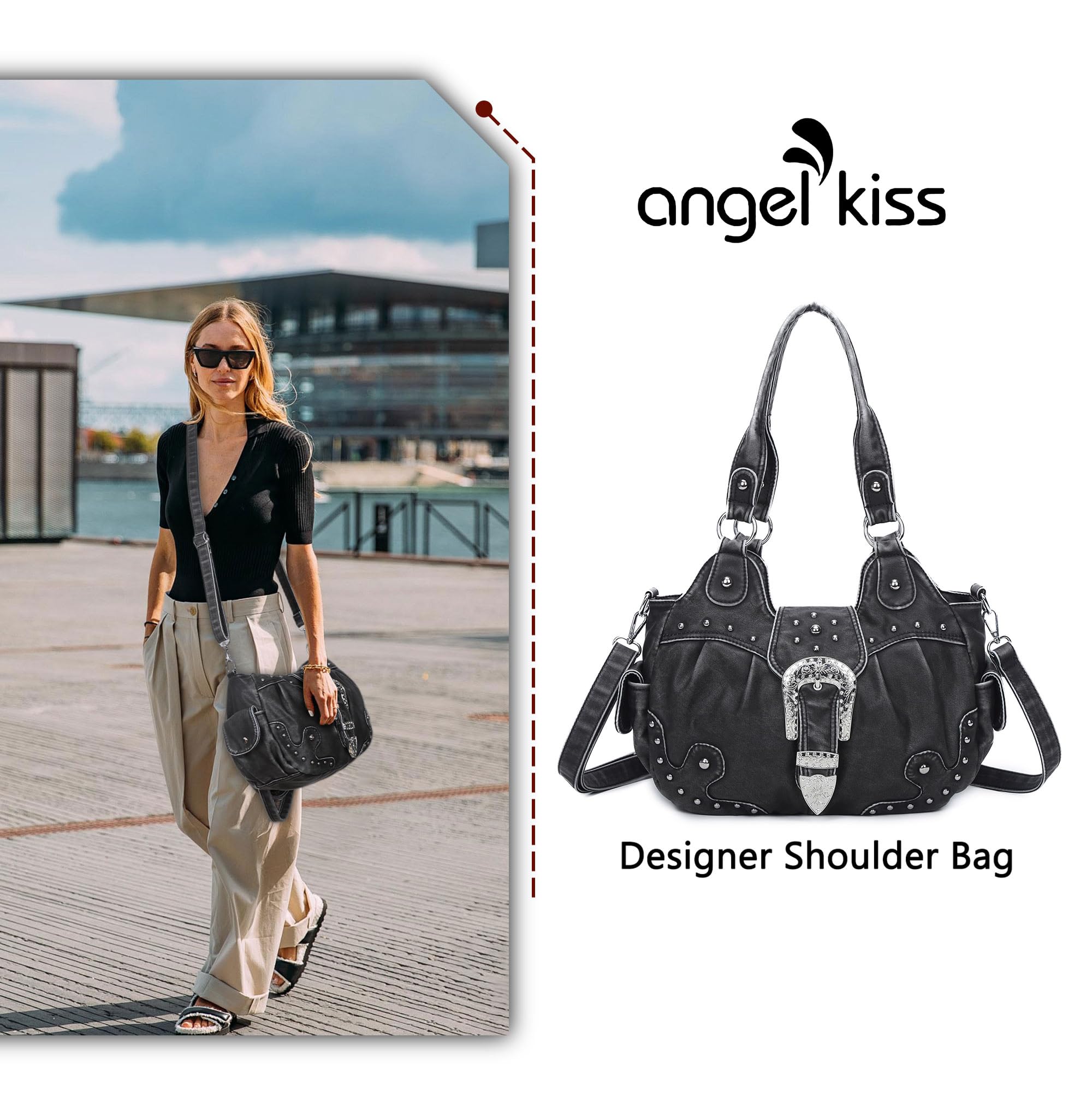 Angel Kiss Vegan Leather Hobo Bags for Women - Stylish Shoulder & Crossbody Handbags with Metal Studs | Perfect for Work, Travel & Everyday Use