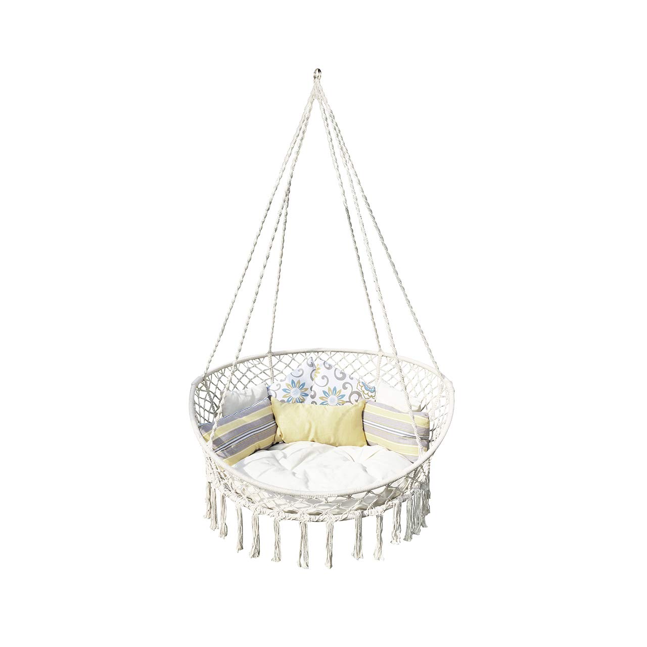 Bohemian Macramé Swing Chair with Pillows & Hanging Hardware - Handcrafted 2-Person Hammock for Indoor/Outdoor Use, 500lb Capacity, Collapsible White Canvas - Perfect for Patio, Garden, Backyard Relaxation & Boho Home Decor