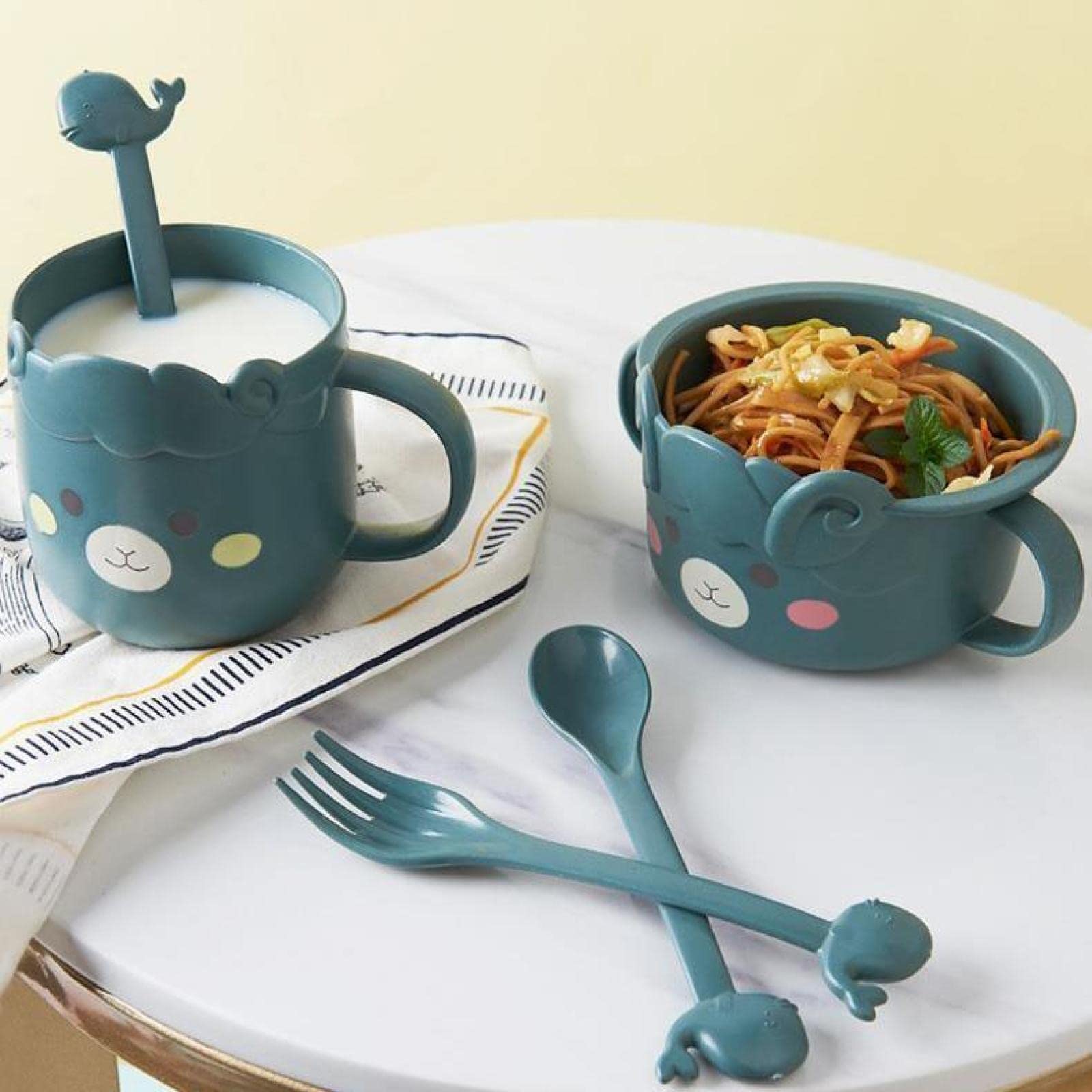 Hanaiette Kids' Anti-Spill Bowl Set with Spoon & Fork - Durable Baby Feeding Dish, Toddler Tableware for Home & School - Cartoon Design Lunch Set in Dark Green - Perfect for Daycare, Preschool & Family Meals