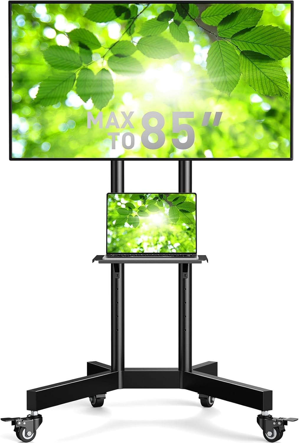 Perlegear Adjustable Rolling TV Stand with Wheels - Mobile TV Cart for 32-85 Inch Screens (Up to 132 lbs), Height Adjustable TV Stand with Metal Shelf & Lockable Casters, Max VESA 600x400mm - Perfect for Living Room, Bedroom, Office or Classroom