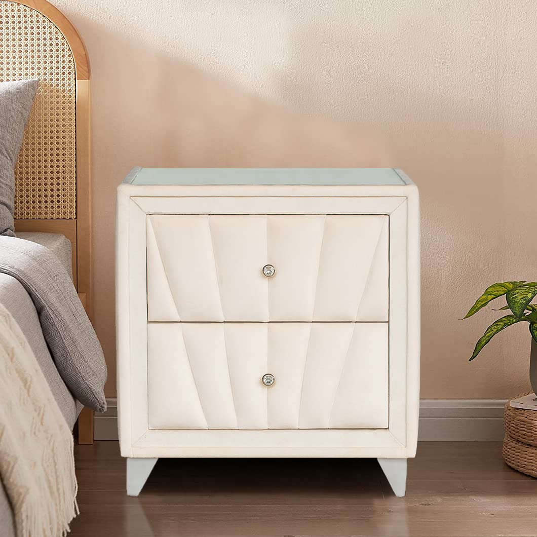 Velvet Nightstand with Crystal Handles - Modern Bedside Table with 2 Drawers & Glass Top for Bedroom Decor