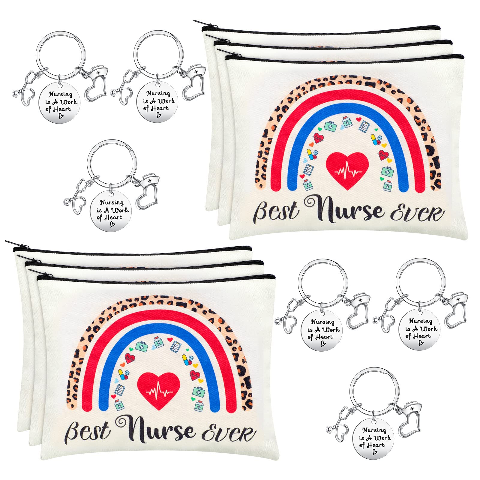 12 Pcs Nurse Gift Set for Women - 6 Makeup Bags & 6 Keychains, Nurse Week Appreciation Gifts, Cosmetic Zipper Pouch & Work Accessories for Medical Practitioners, Birthday Gift Idea (Heart Design) - Perfect for Nurse Appreciation Week, Graduation Gifts & Healthcare Worker Thank You Presents