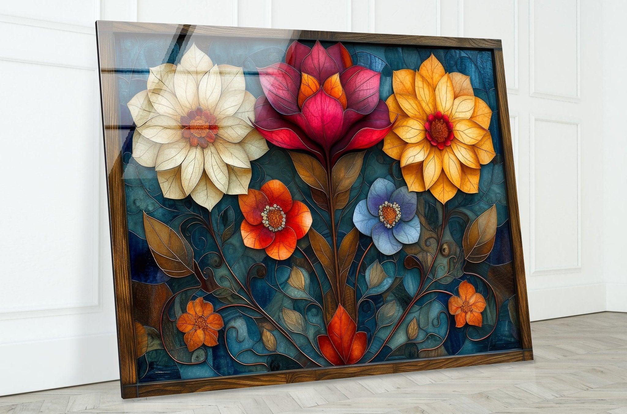 Art Nouveau Flowers Glass Wall Art - Handmade Stained Glass Decor for Home & Office - Perfect for Living Room, Bedroom, or Gift