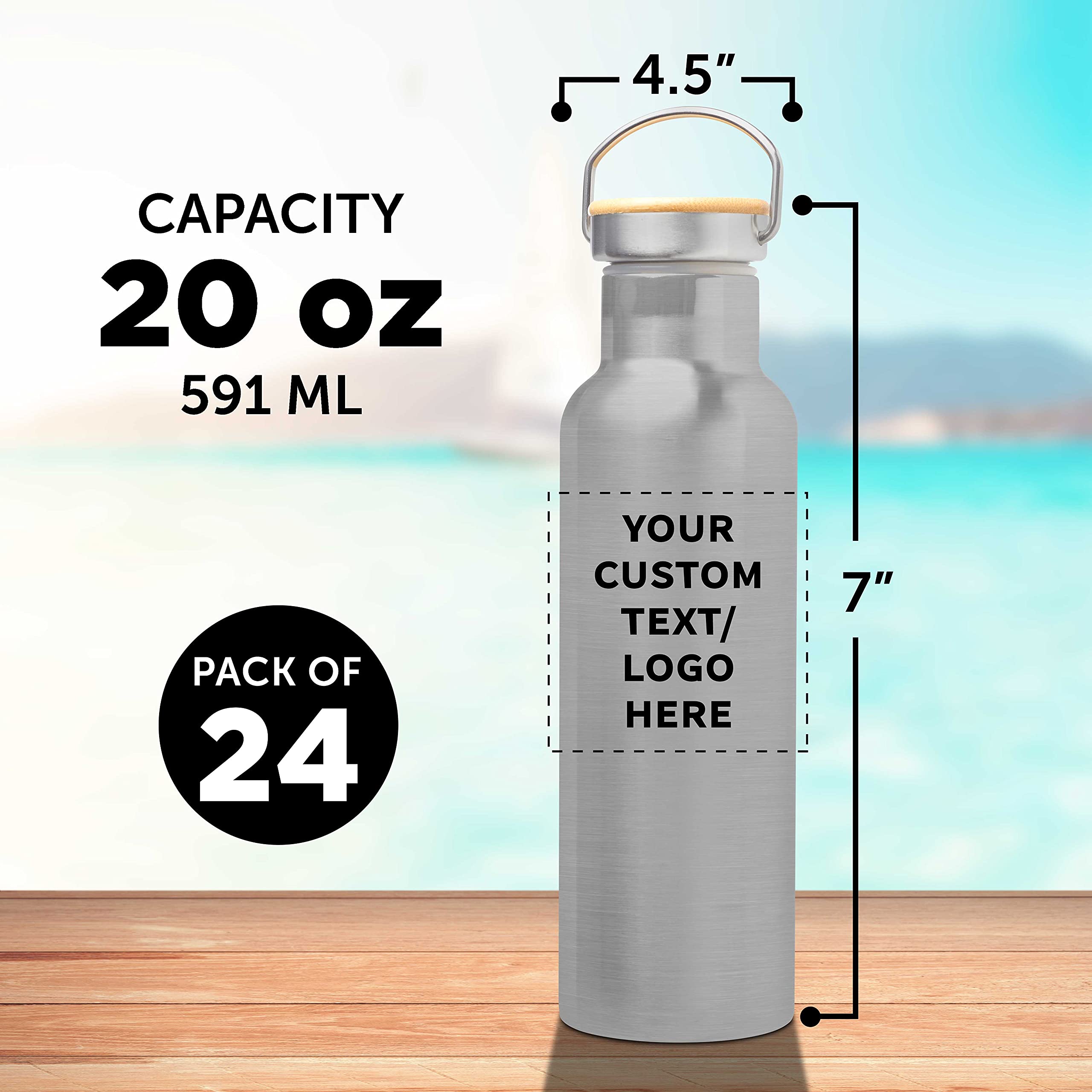 24 Pack Stainless Steel Water Bottles with Wooden Lid - 20 oz Double Wall Insulated, BPA Free, Spill Proof - Customizable Text & Logo (Silver) - Perfect for Office, Gym, Hiking and Outdoor Activities