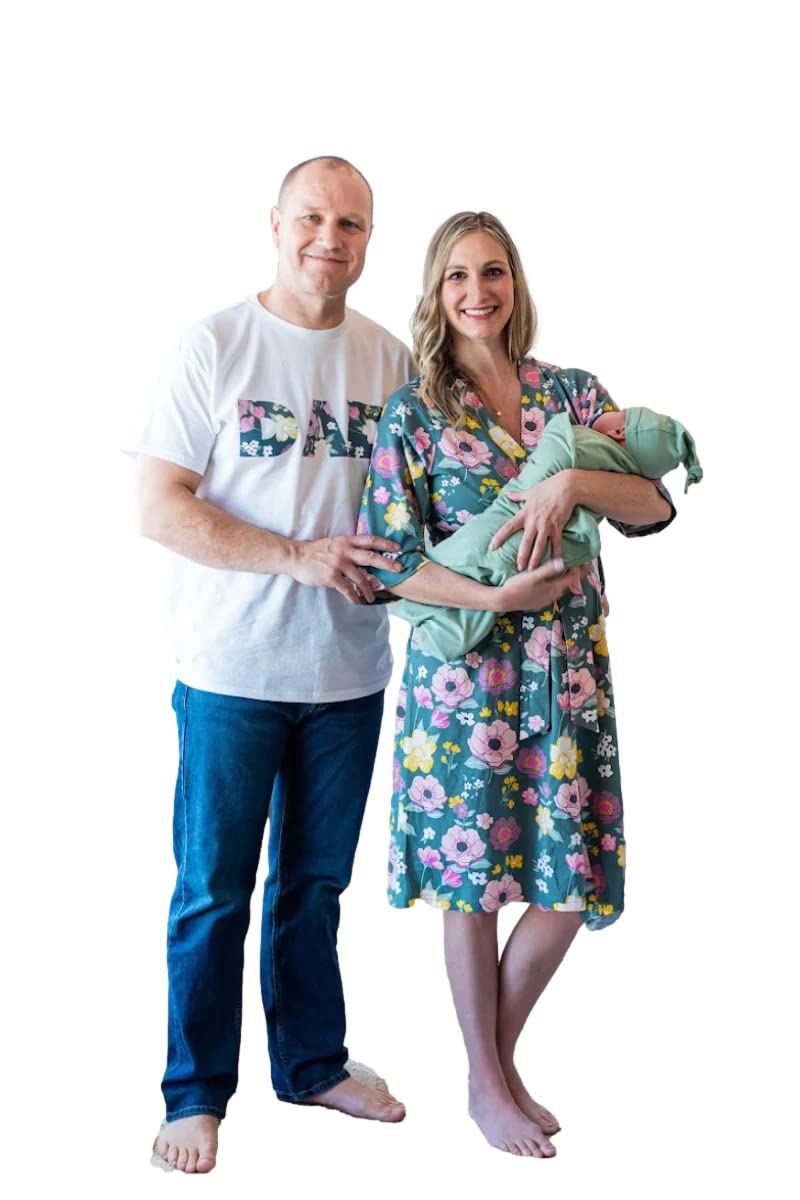 Baby Be Mine Maternity Nursing Robe, Newborn Swaddle Blanket & Daddy T-Shirt Set - Soft Hospital Delivery Gown & Baby Girl Wrap for Breastfeeding, Postpartum Recovery & Family Photo Outfits