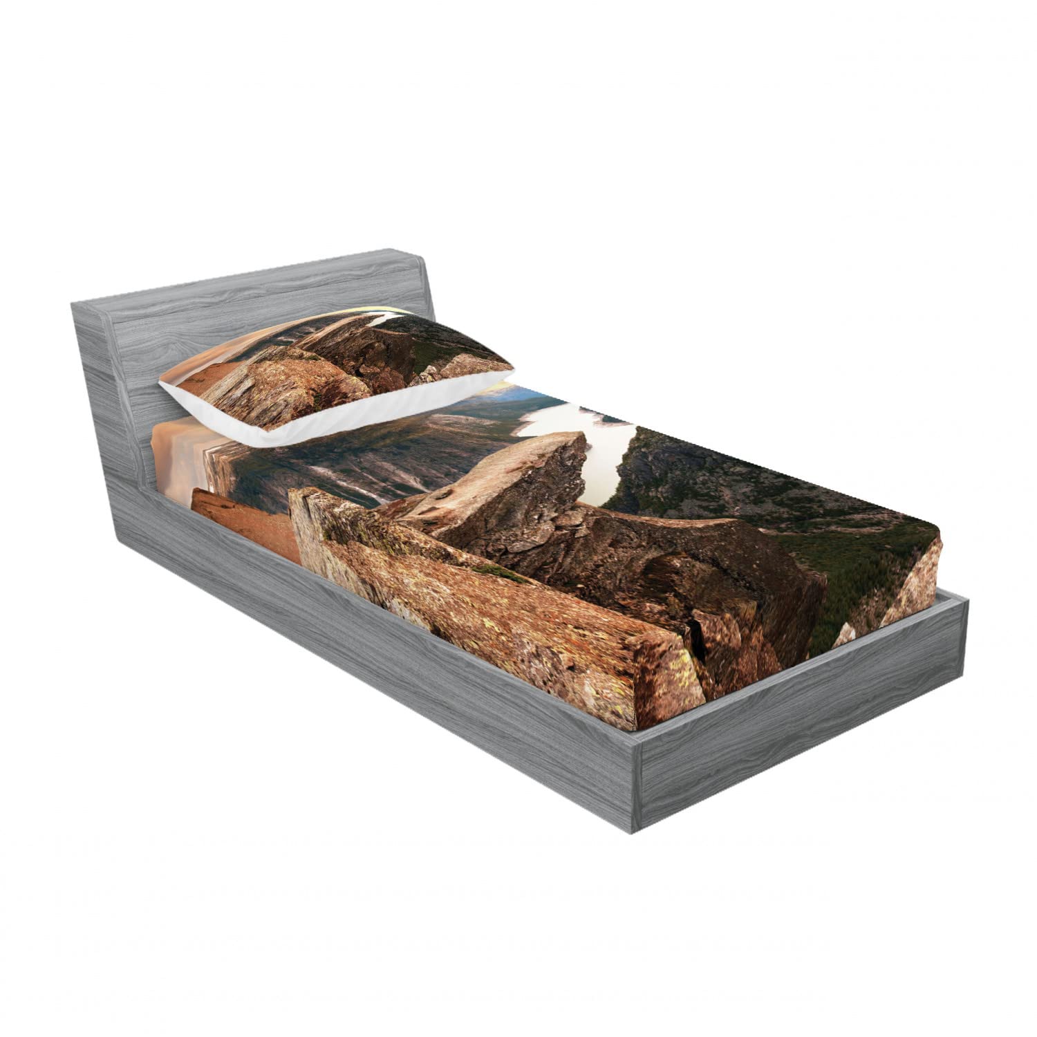 Ambesonne Mountain 2-Pack Twin Fitted Sheet & Pillow Sham Set - River Canyon Norway Landscape Design, 4-Piece Bedding Set (2 Fitted Sheets + 2 Pillow Covers) in Earthy Brown & Green - Perfect for Dorm Rooms, Guest Beds & Cabin Decor