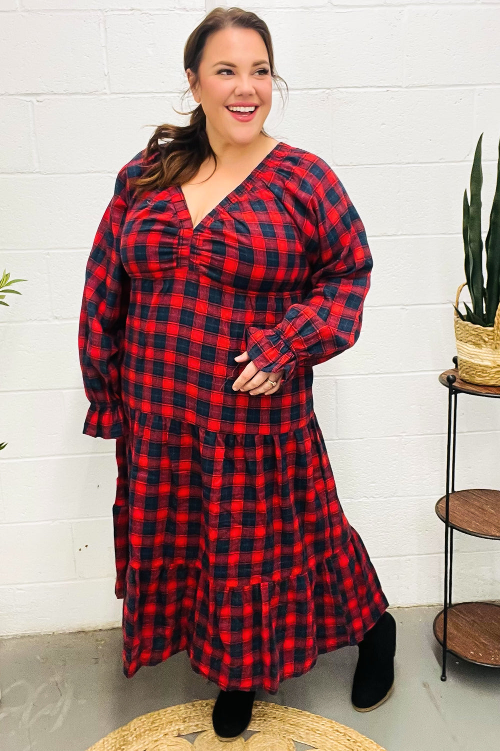 Stylish Red Plaid Elastic V-Neck Tiered Maxi Dress for Women | Flowy Long Summer Dress | Perfect for Beach, Vacation & Casual Outings