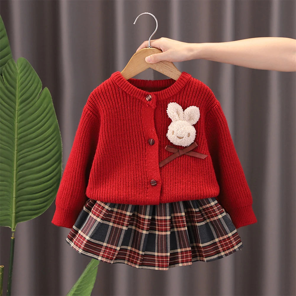 Adorable 2-Piece Christmas Outfit for Girls - Red Knit Sweater & Bunny Skirt Set (Ages 2-7Y) | Perfect for Holiday Parties & Family Photos